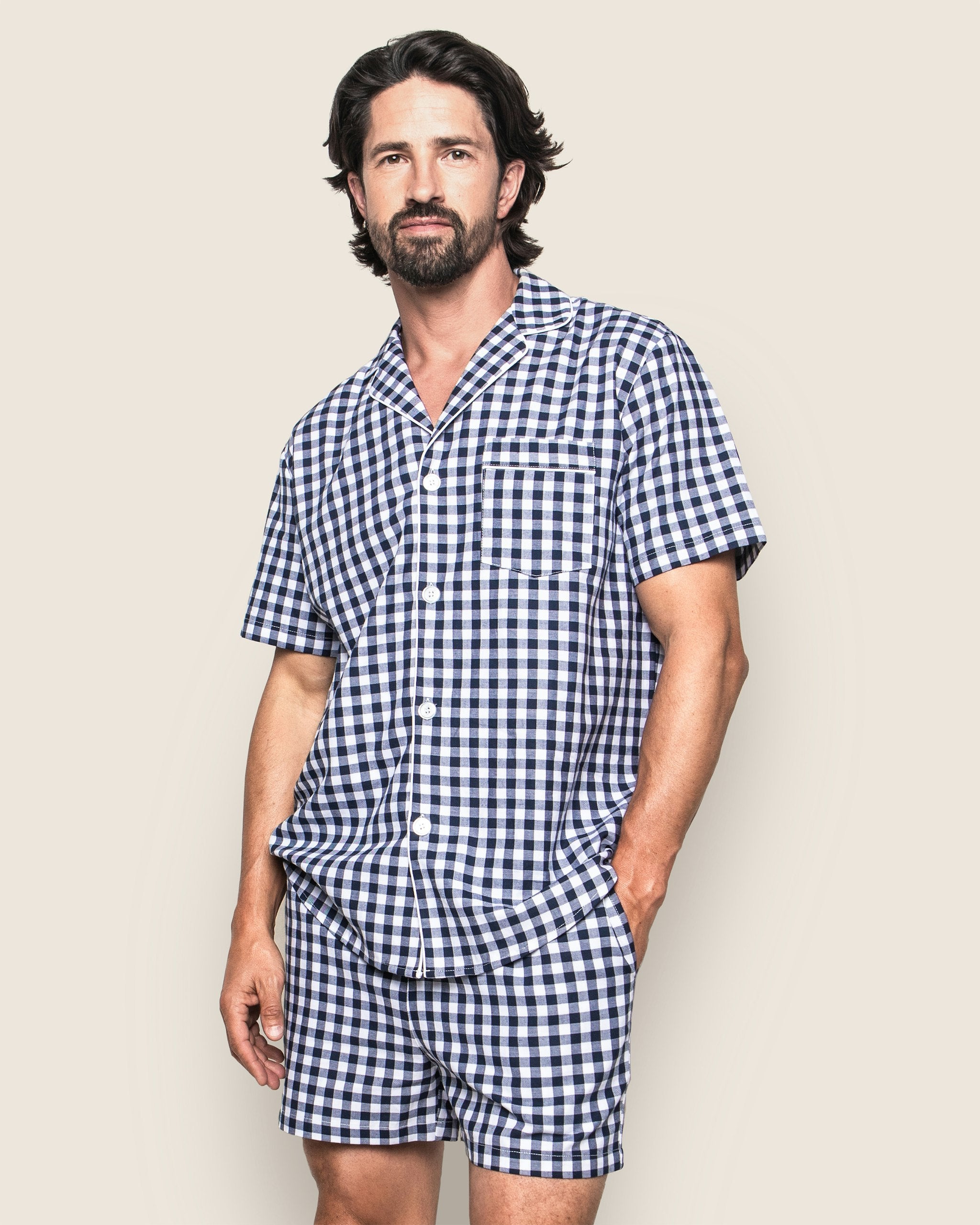 Men's Twill Pajama Short Set in Navy Gingham in Navy Gingham#Color_Navy Gingham