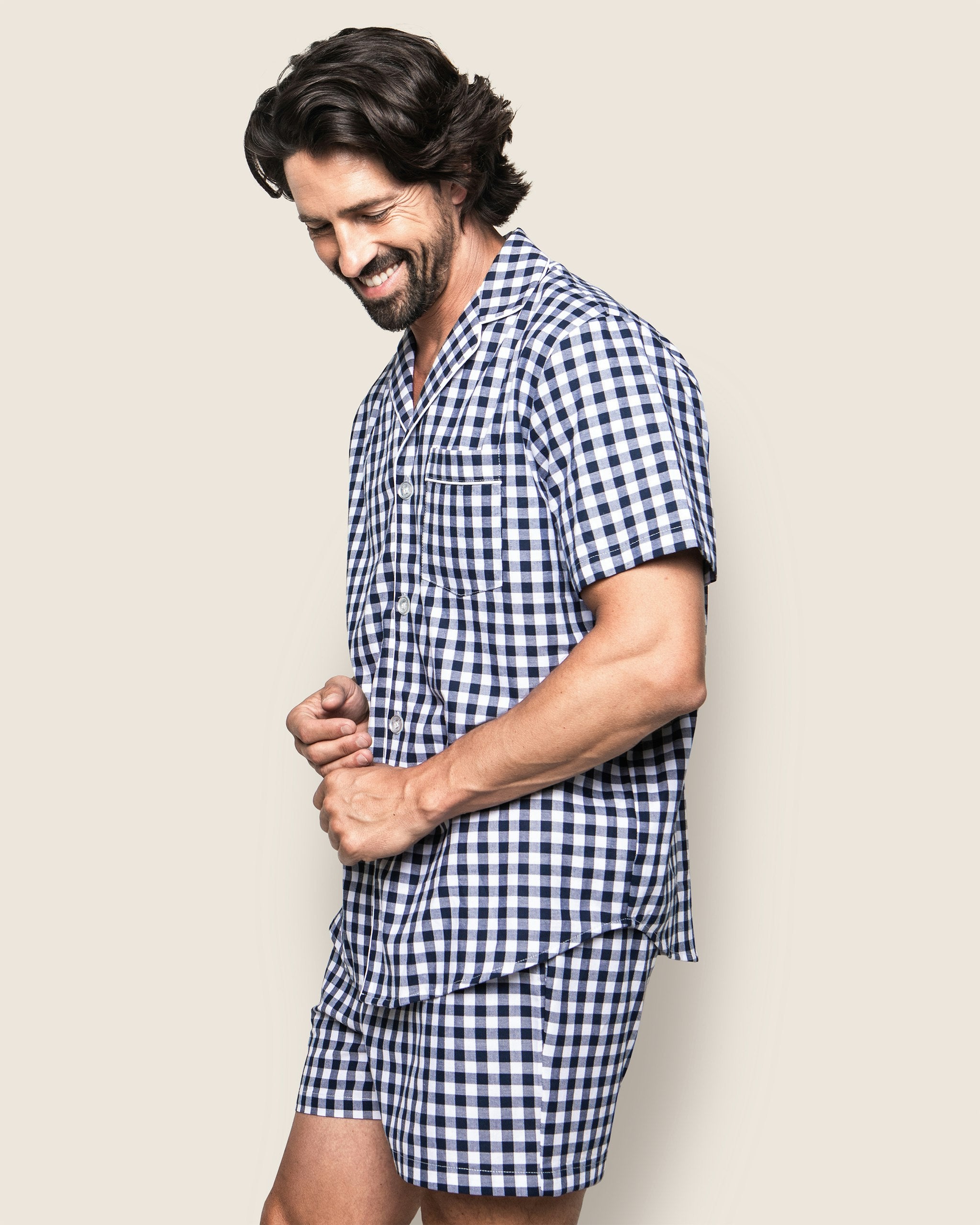 Men's Twill Pajama Short Set in Navy Gingham in Navy Gingham#Color_Navy Gingham