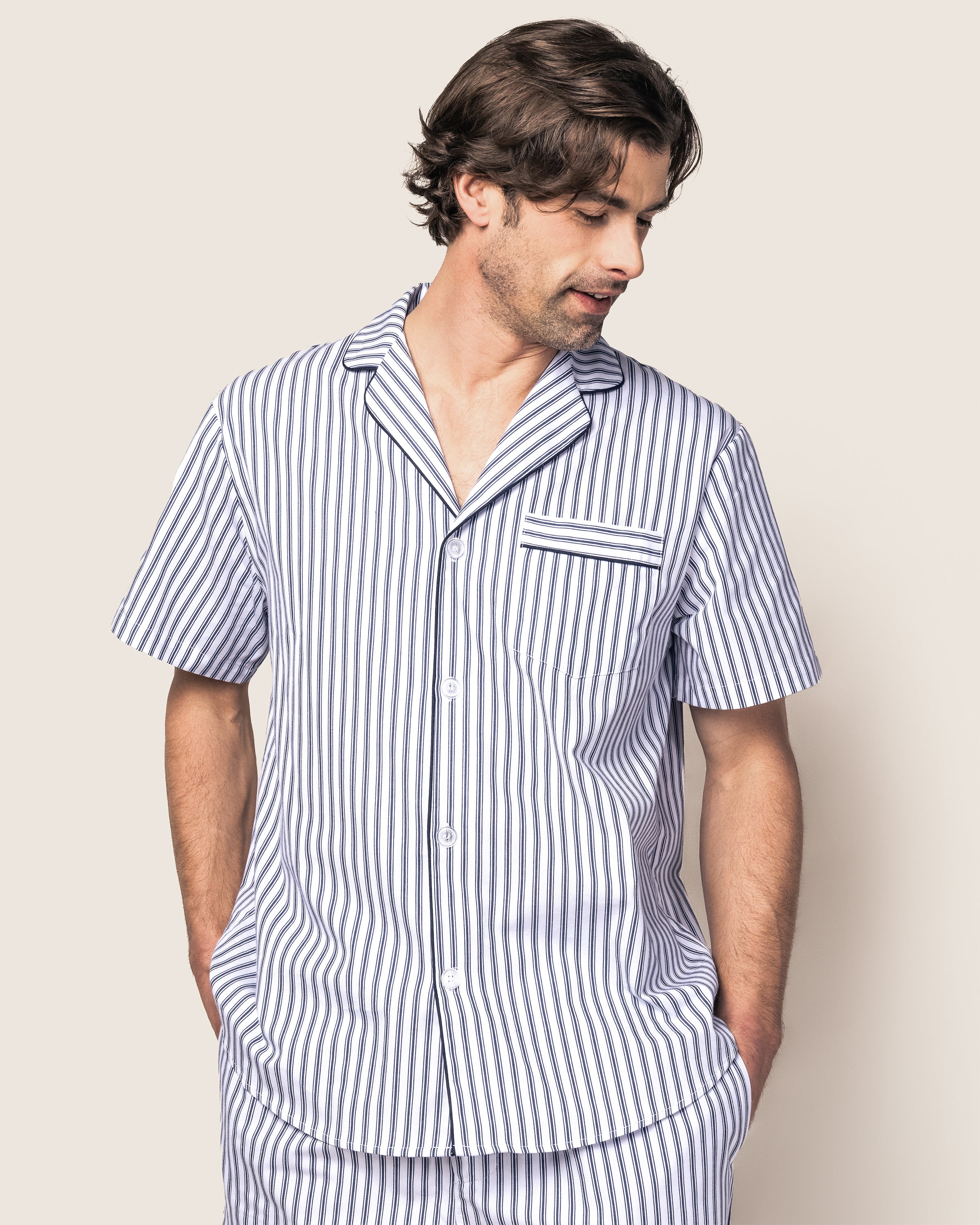 Men's Twill Pajama Short Set in Navy French Ticking in Navy French Ticking#Color_Navy French Ticking