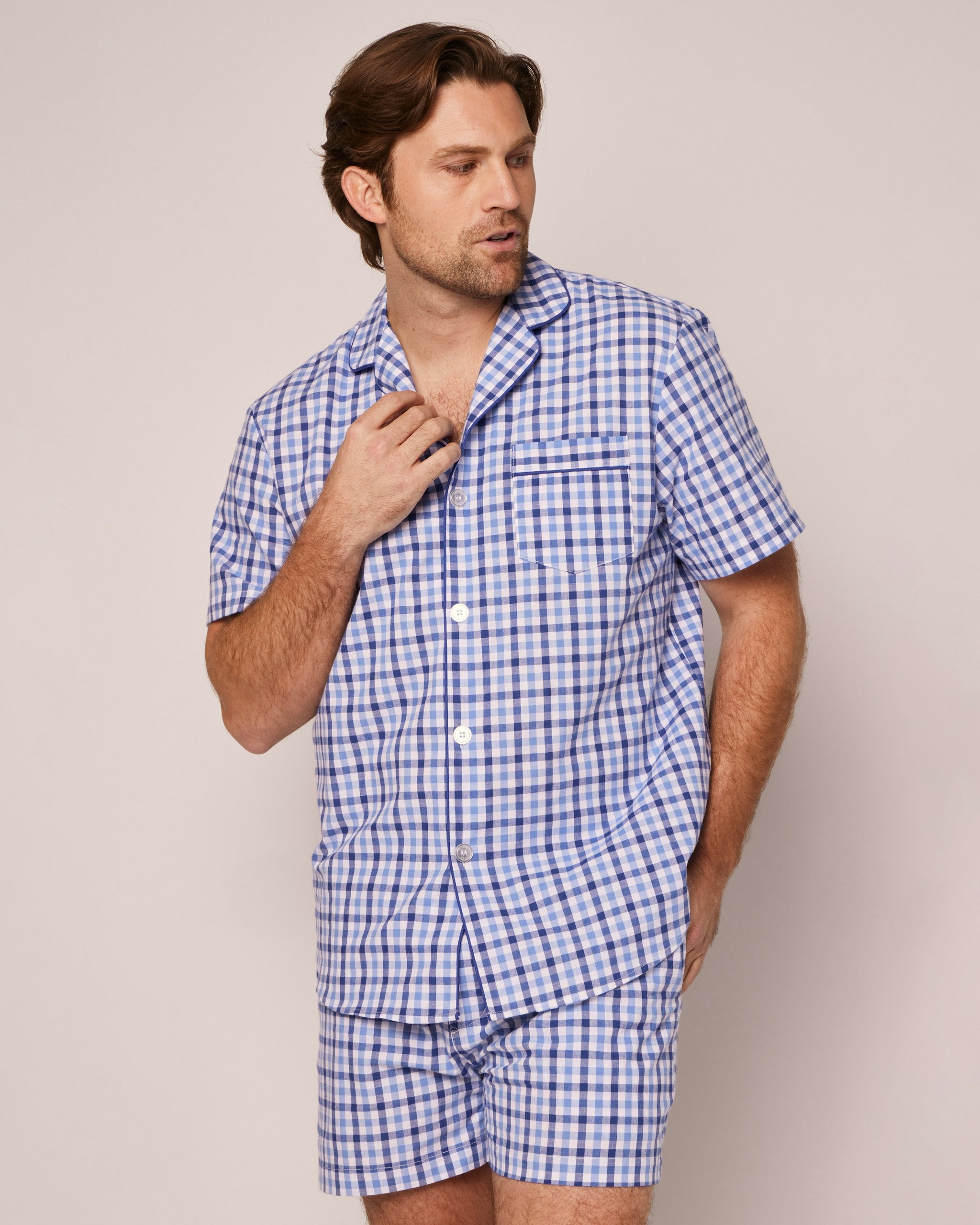 Men's Twill Pajama Short Set in Light Blue Gingham in Royal Blue Gingham#Color_Royal Blue Gingham