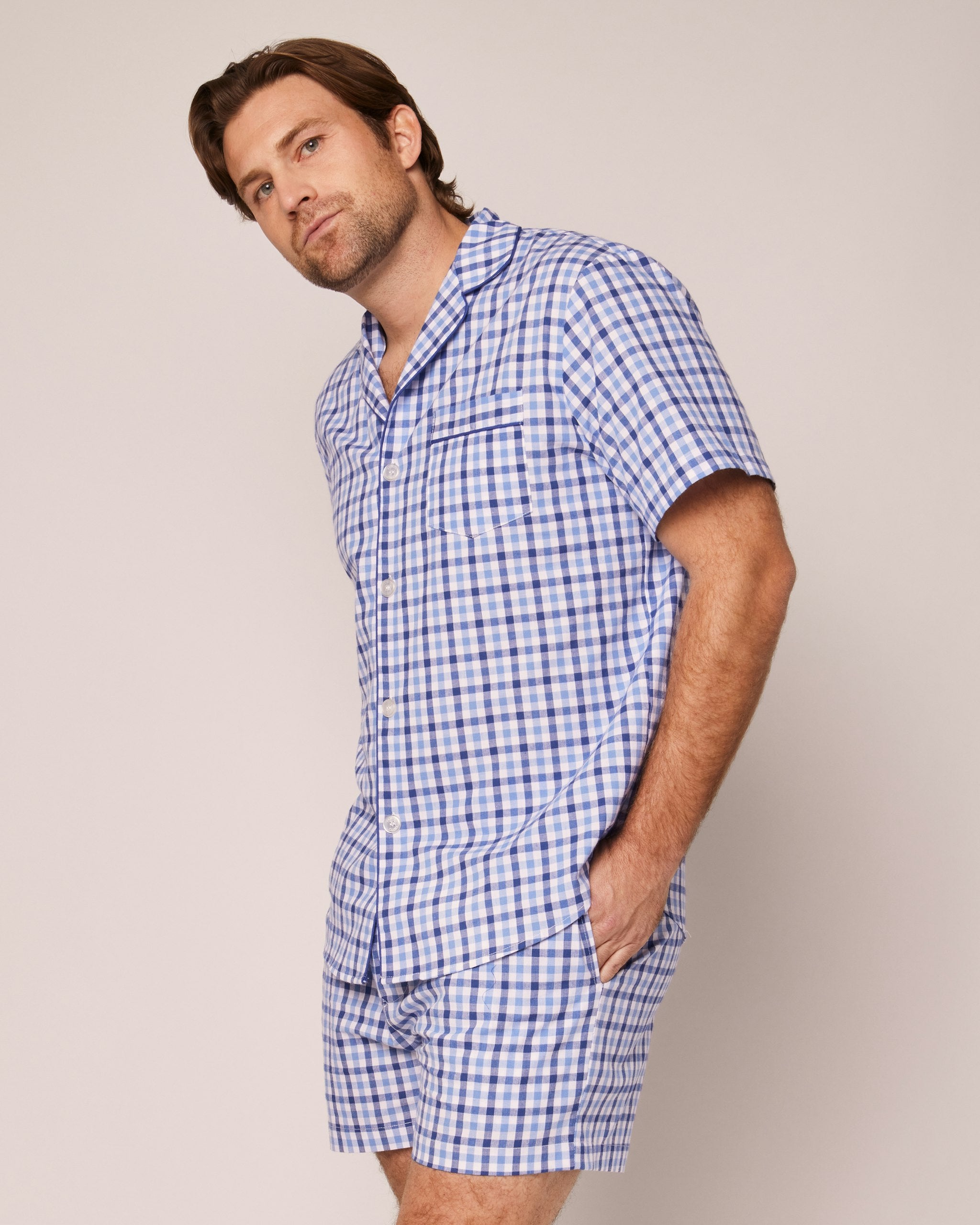 Men's Twill Pajama Short Set in Light Blue Gingham in Royal Blue Gingham#Color_Royal Blue Gingham