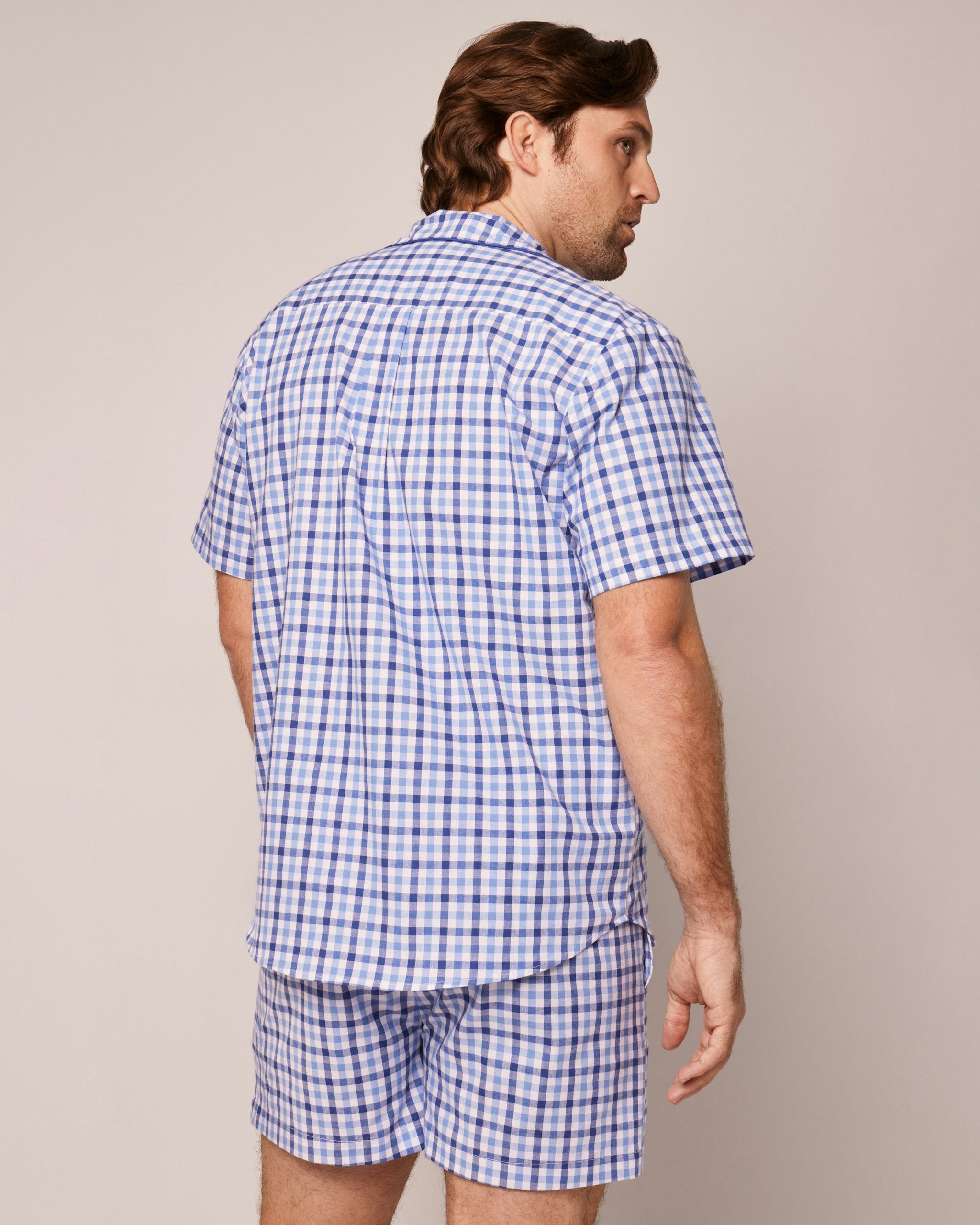 Men's Twill Pajama Short Set in Light Blue Gingham in Royal Blue Gingham#Color_Royal Blue Gingham