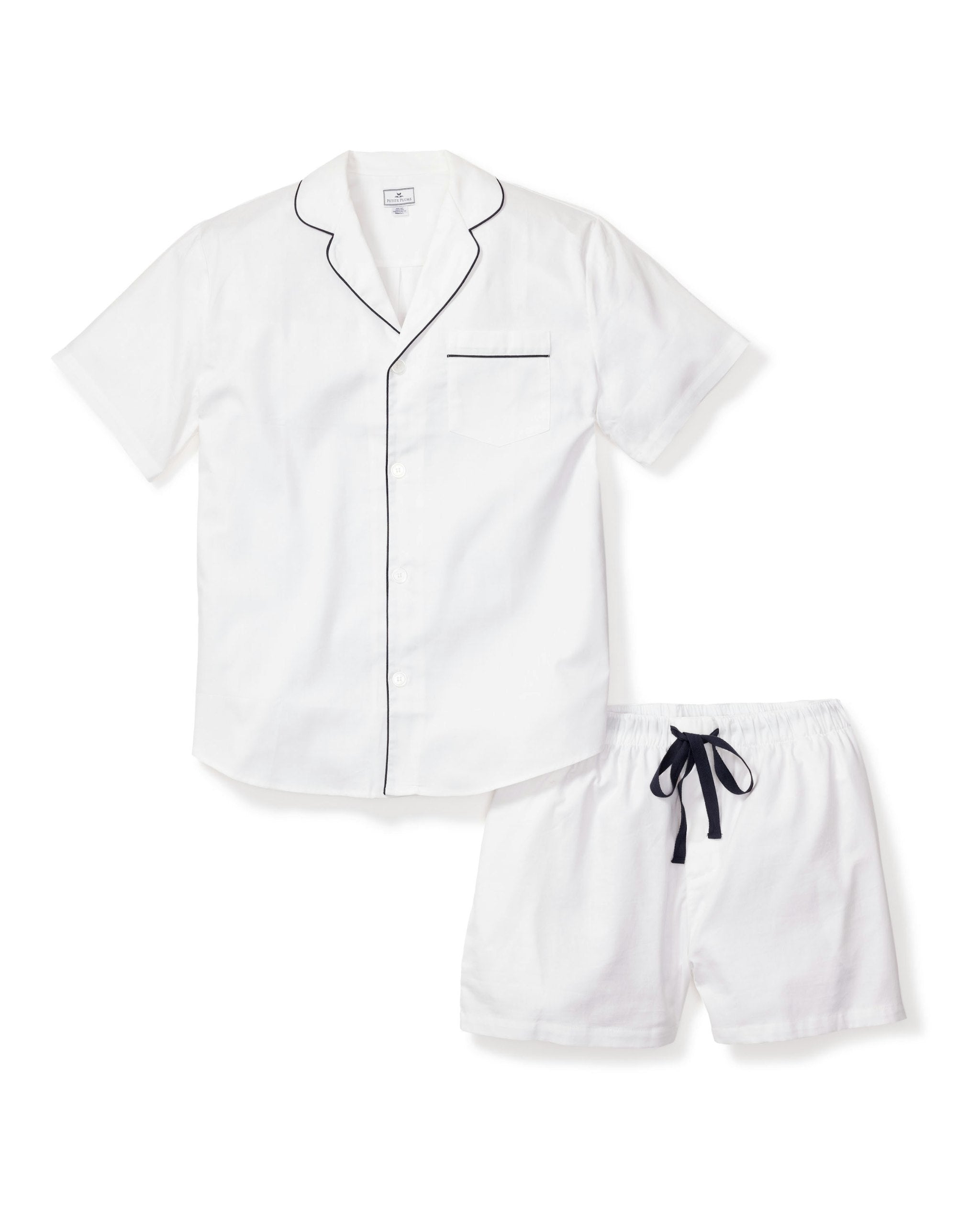 Men's Twill Pajama Short Set in White with Navy Piping in White with Navy Piping#Color_White with Navy Piping