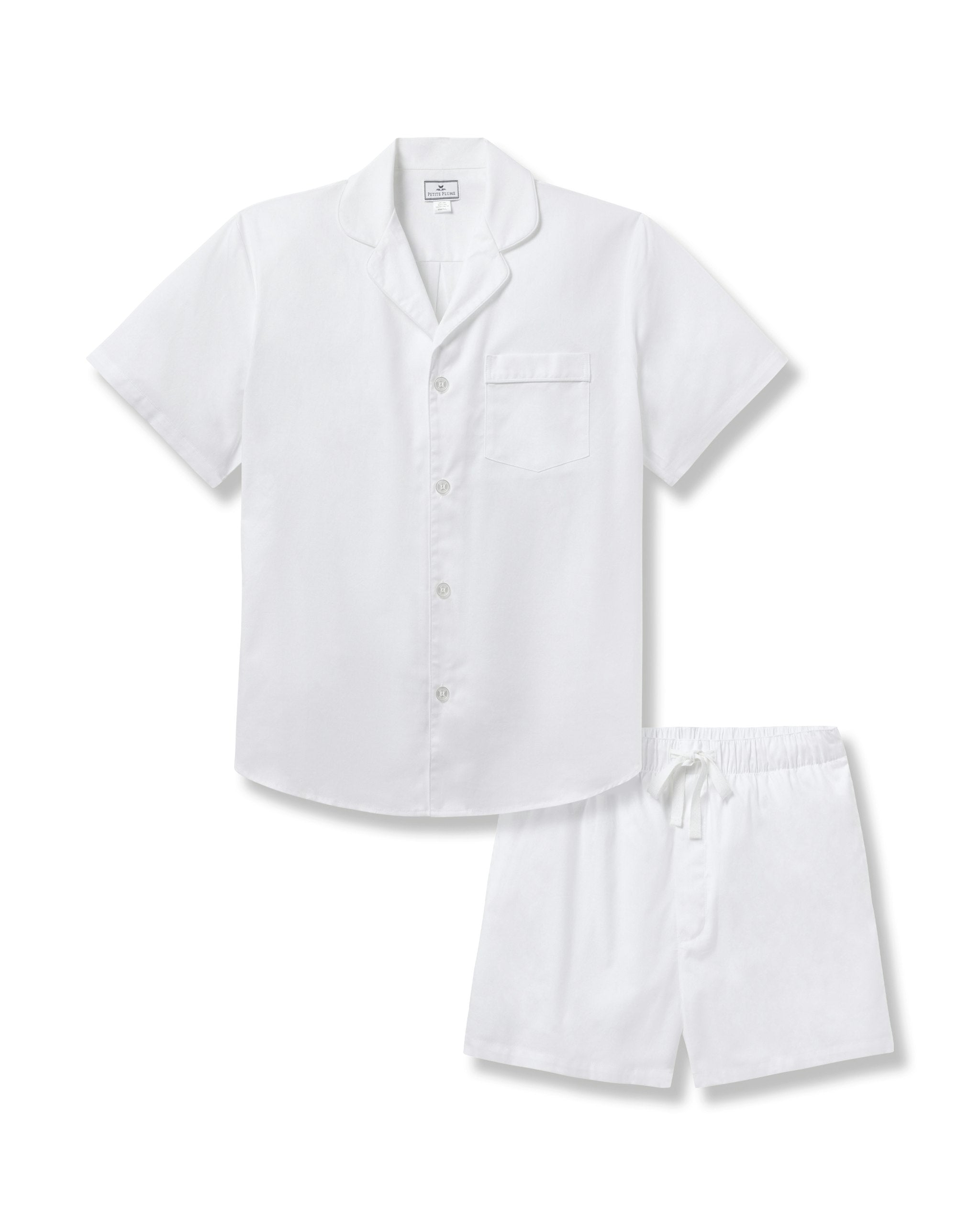 Men's Twill Pajama Short Set in White with Navy Piping in White#Color_White