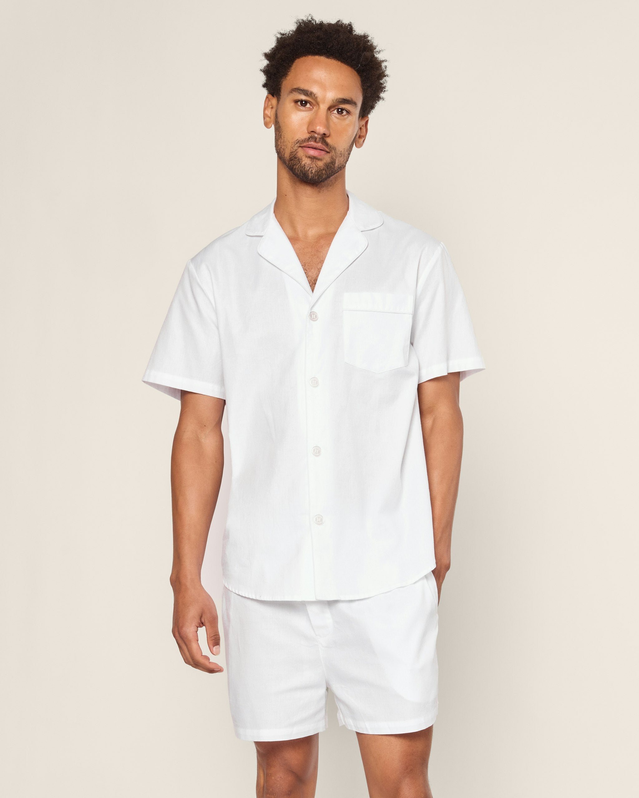 Men's Twill Pajama Short Set in White with Navy Piping in White#Color_White