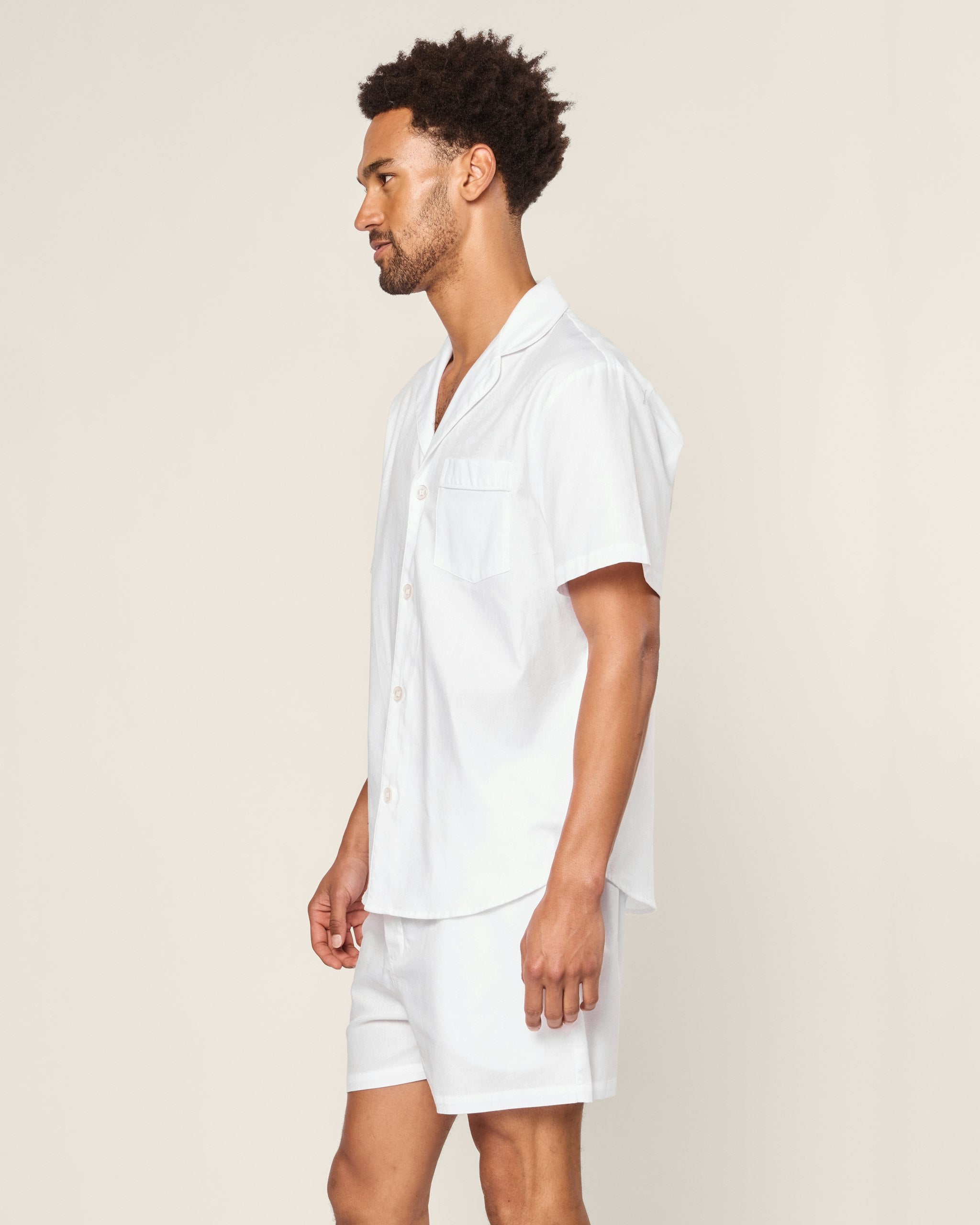 Men's Twill Pajama Short Set in White with Navy Piping in White#Color_White