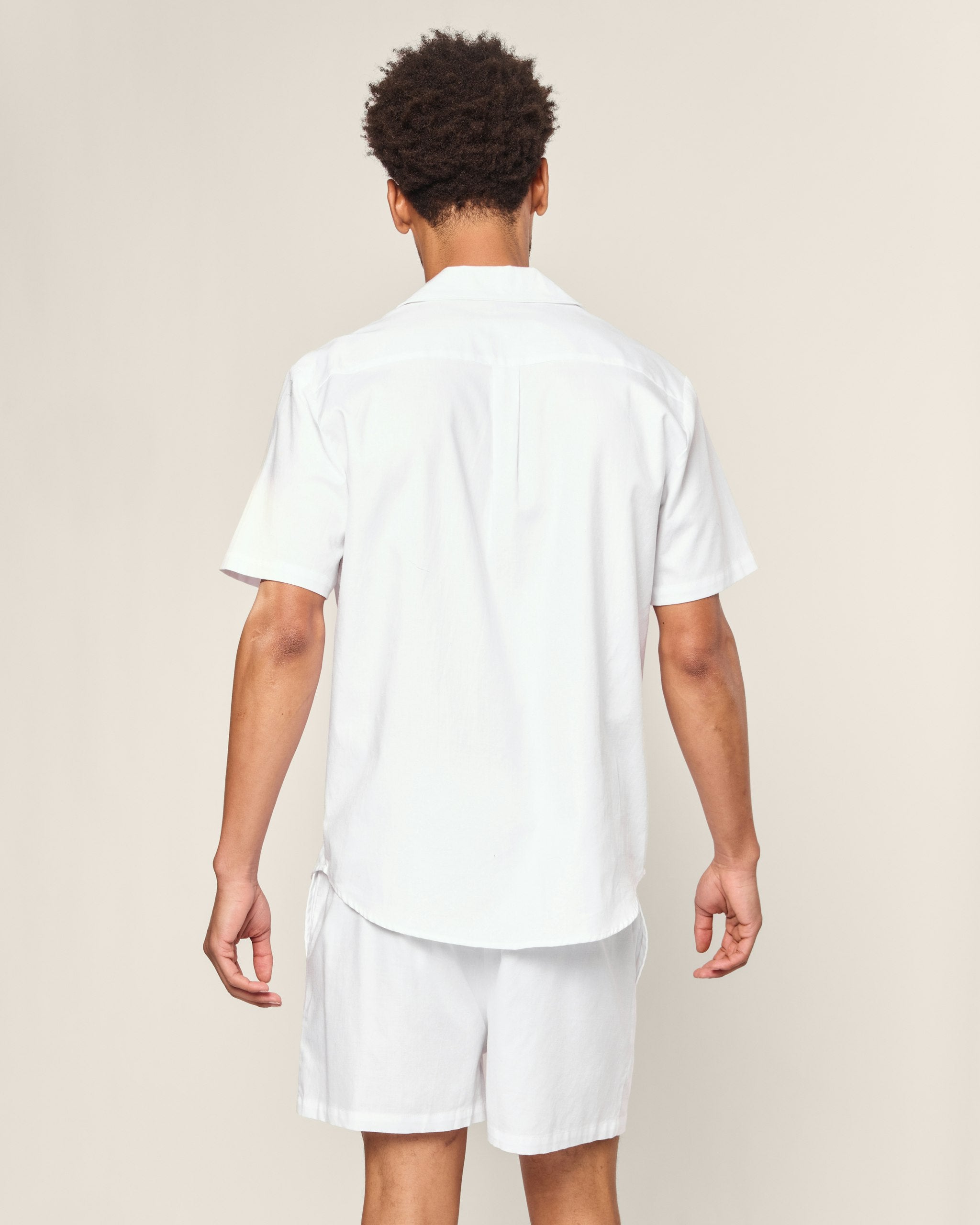 Men's Twill Pajama Short Set in White with Navy Piping in White#Color_White