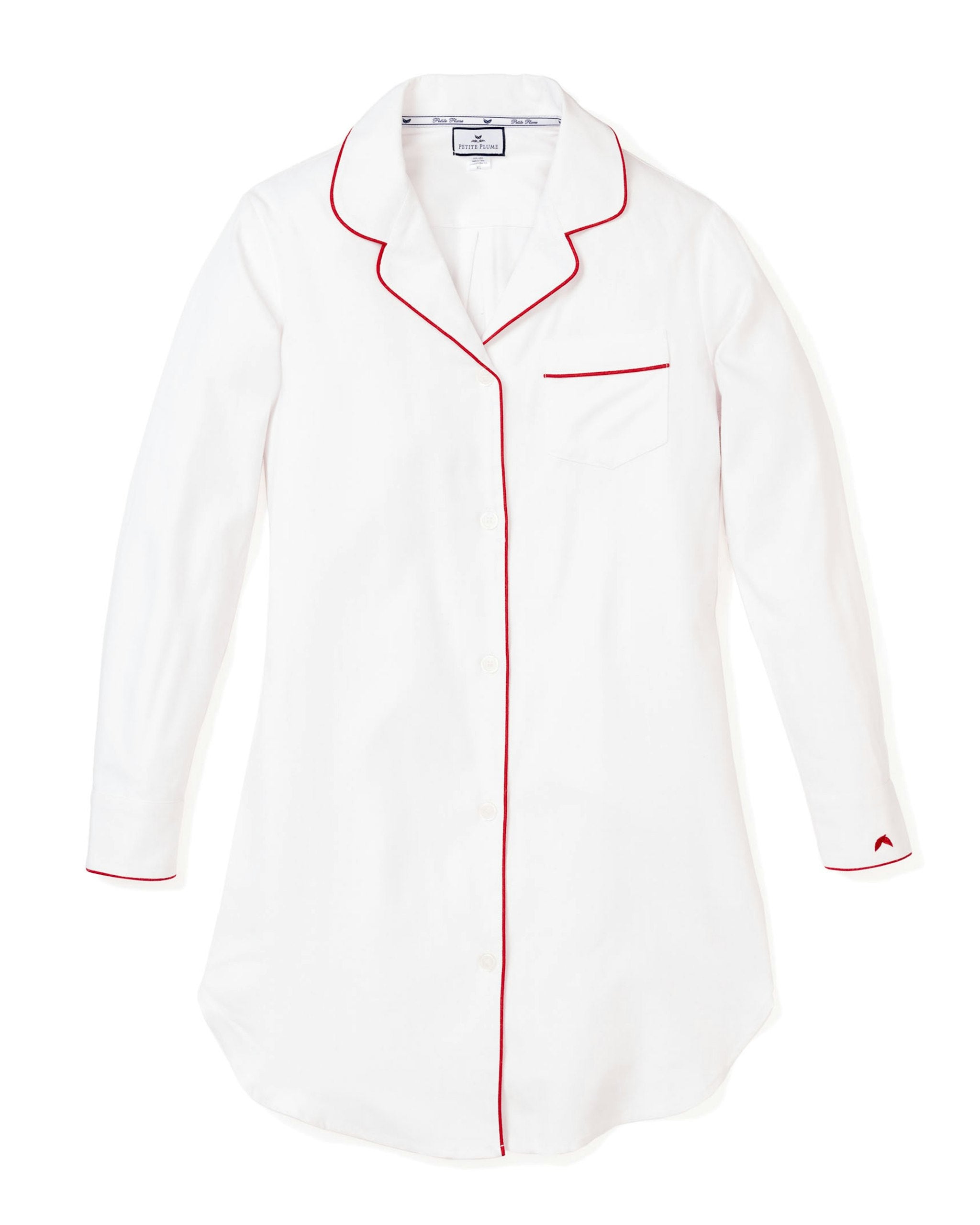 Women's Twill Nightshirt in White With Navy Piping in White with Red Piping#Colorway_White with Red Piping