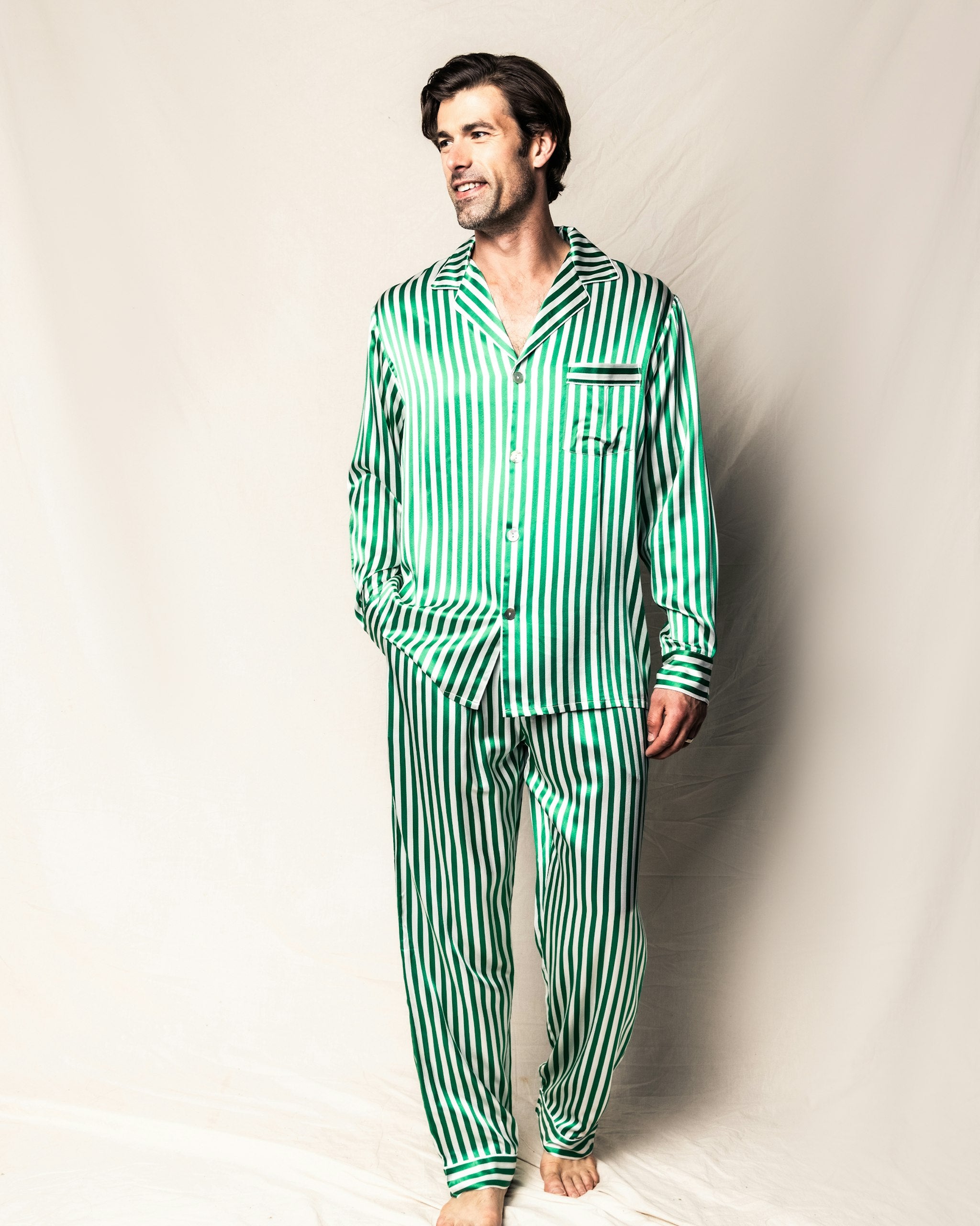 Men's Silk Pajama Set in Green Stripe in Green Stripe#Color_Green Stripe