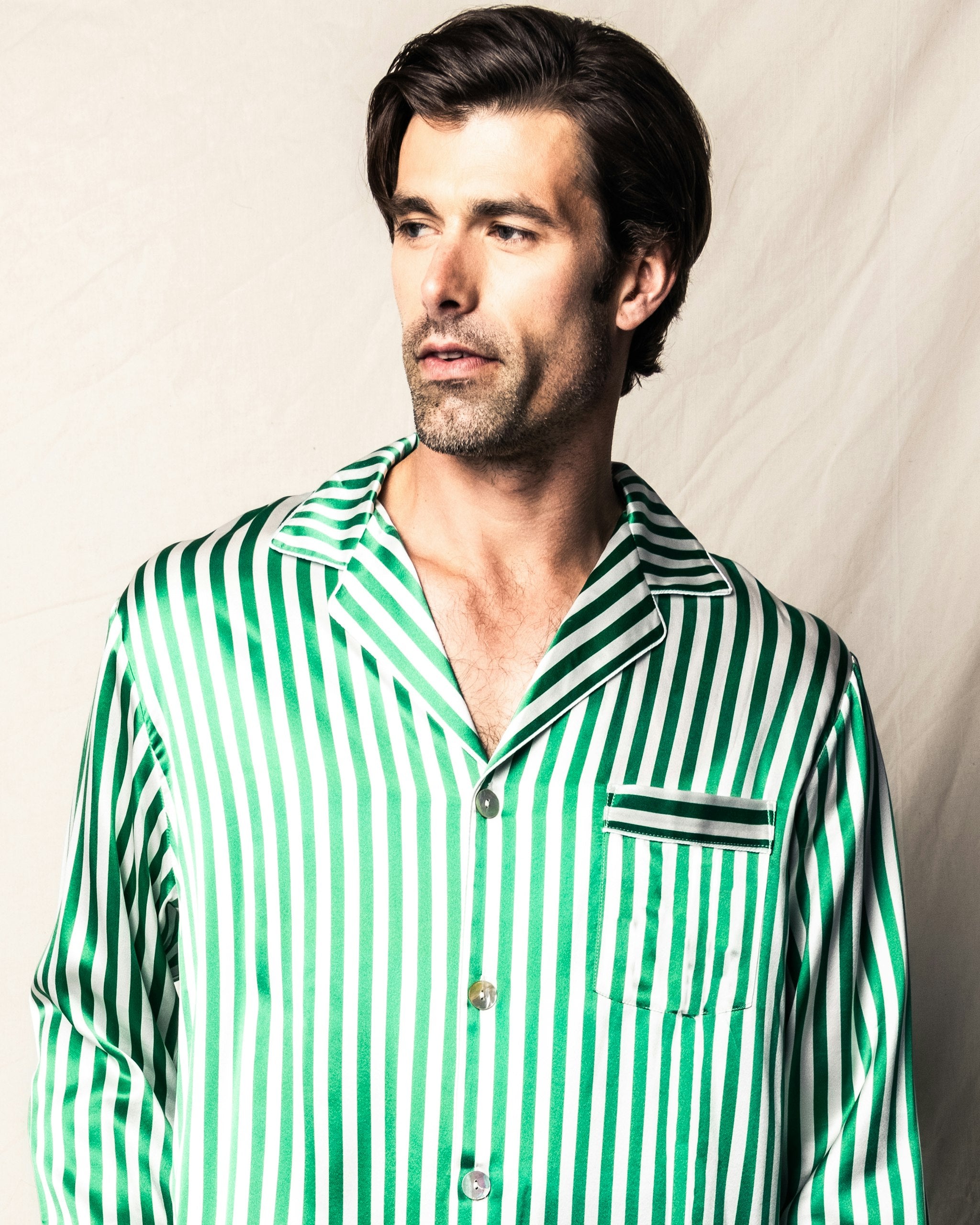 Men's Silk Pajama Set in Green Stripe in Green Stripe#Color_Green Stripe