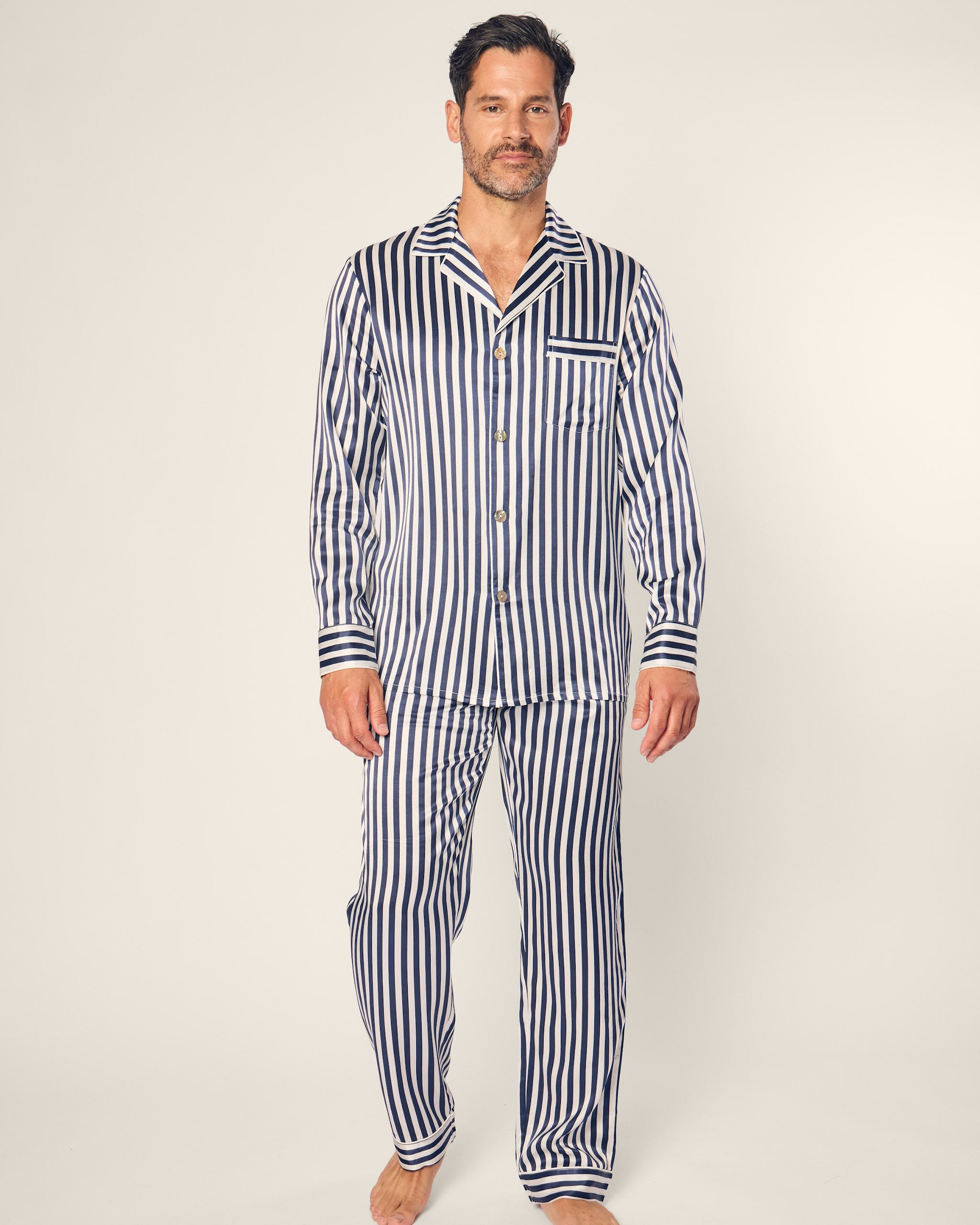 Men's Silk Pajama Set in Black and White Bengal Stripe in Navy Bengal Stripe#Color_Navy Bengal Stripe