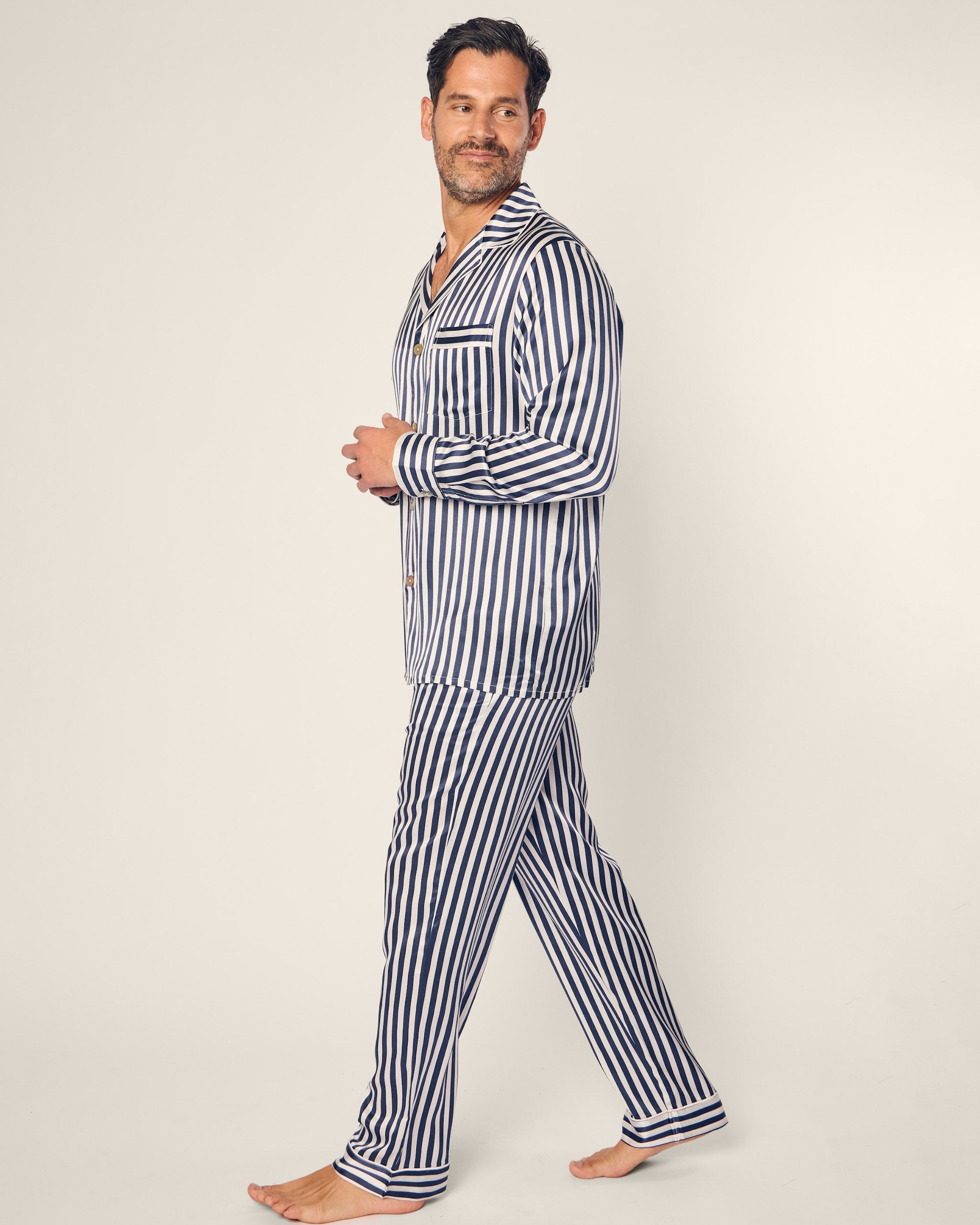 Men's Silk Pajama Set in Black and White Bengal Stripe in Navy Bengal Stripe#Color_Navy Bengal Stripe