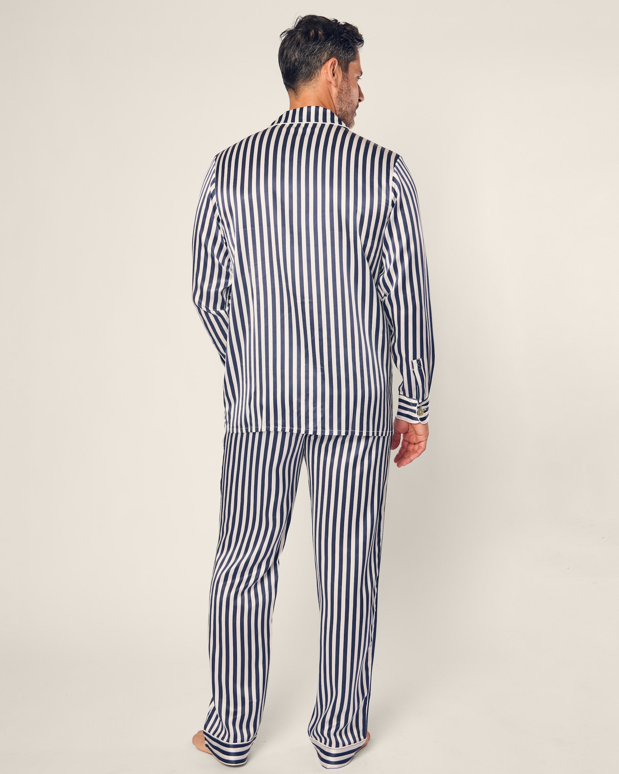 Men's Silk Pajama Set in Black and White Bengal Stripe in Navy Bengal Stripe#Color_Navy Bengal Stripe
