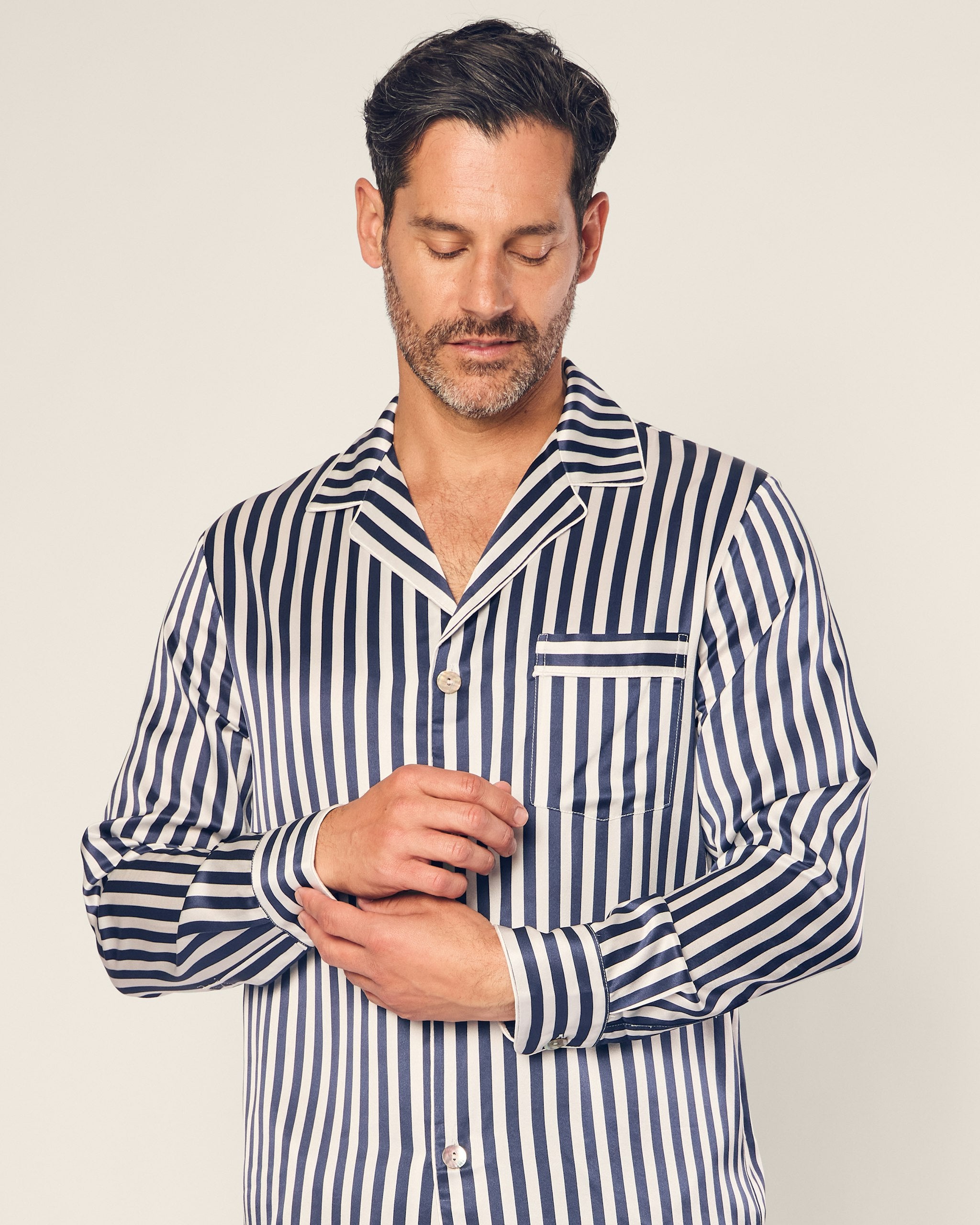 Men's Silk Pajama Set in Black and White Bengal Stripe in Navy Bengal Stripe#Color_Navy Bengal Stripe