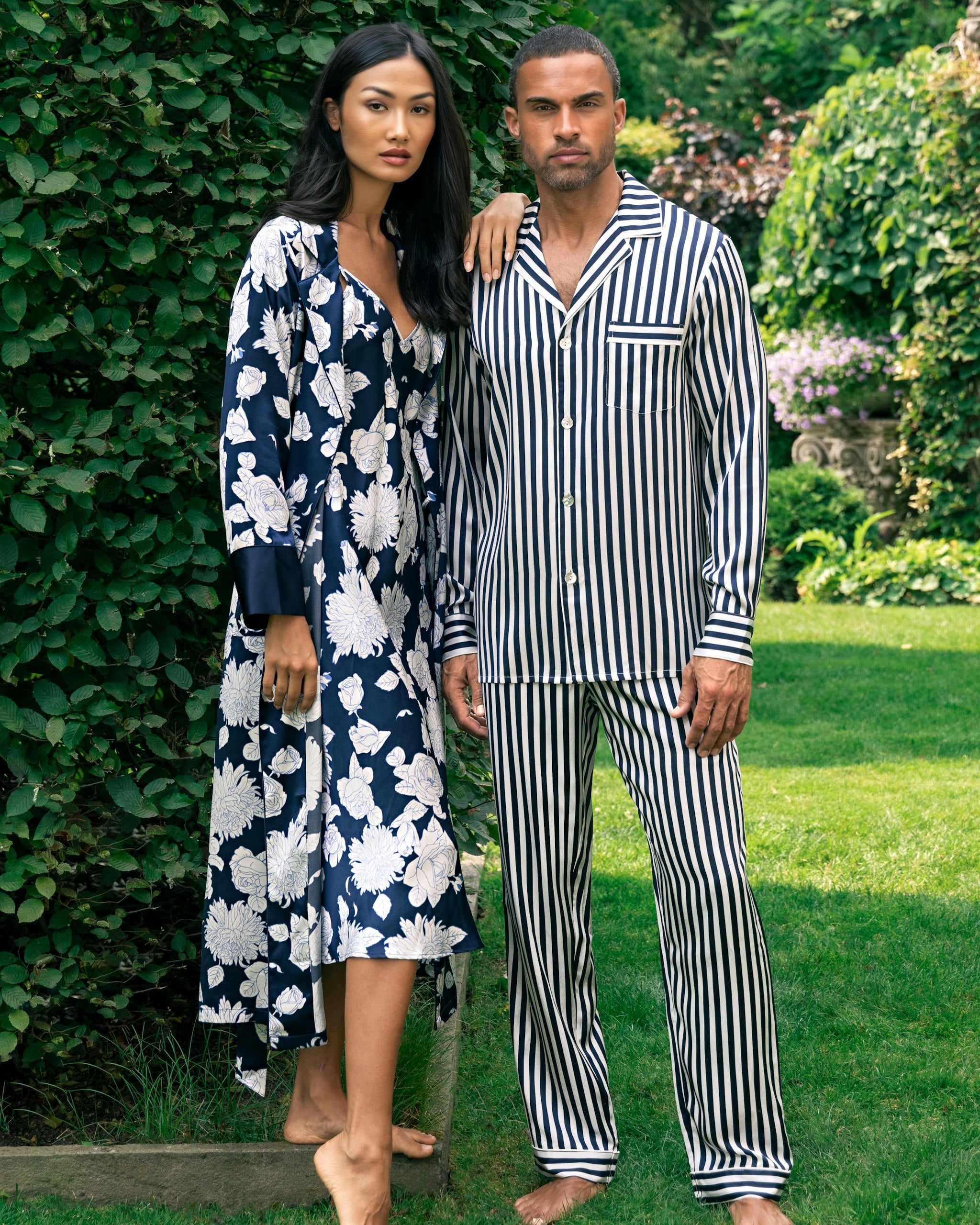 Men's Silk Pajama Set in Black and White Bengal Stripe in Navy Bengal Stripe#Color_Navy Bengal Stripe