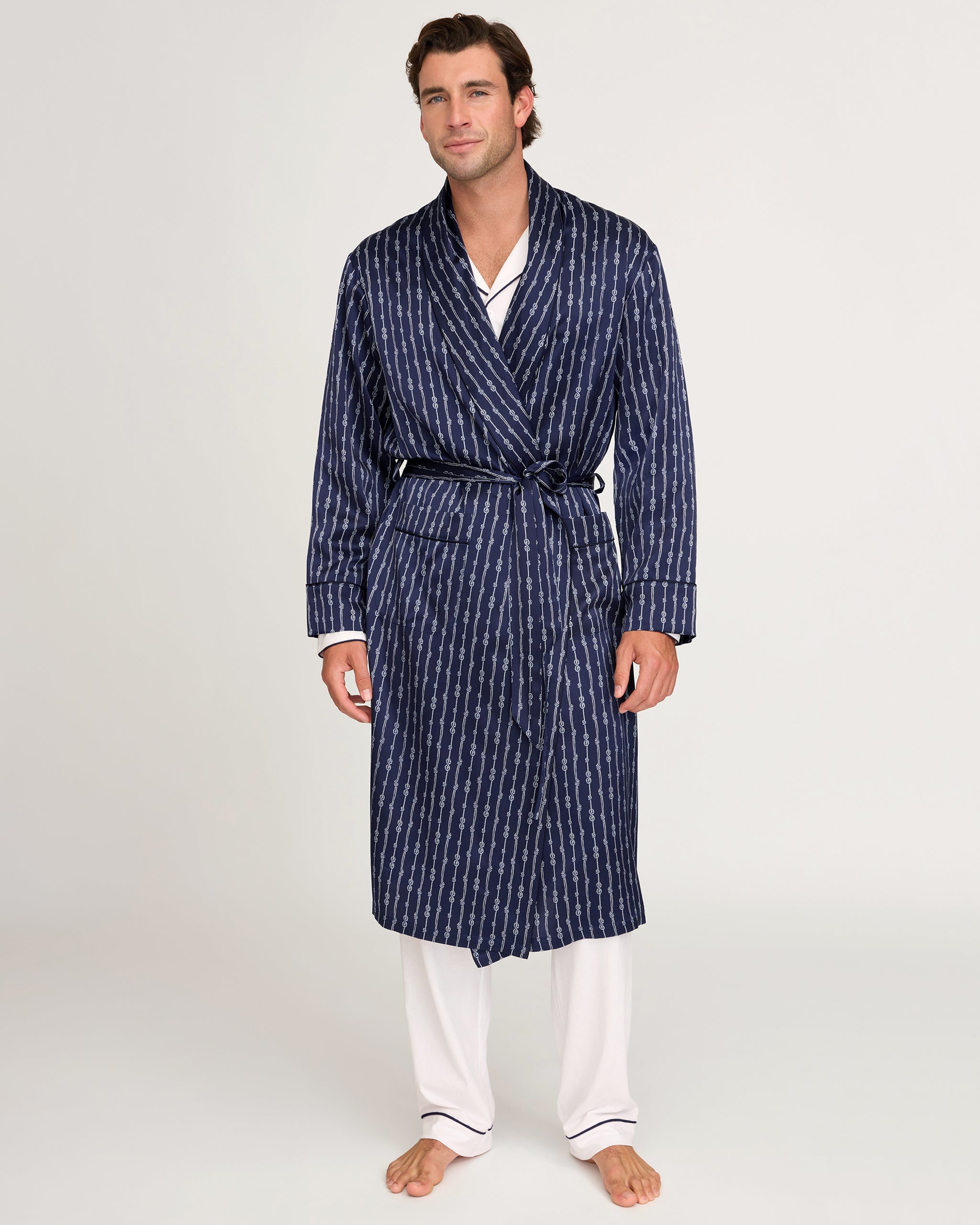 Petite Plume Men's Nautical Stripe Mulberry Silk Robe - Blue