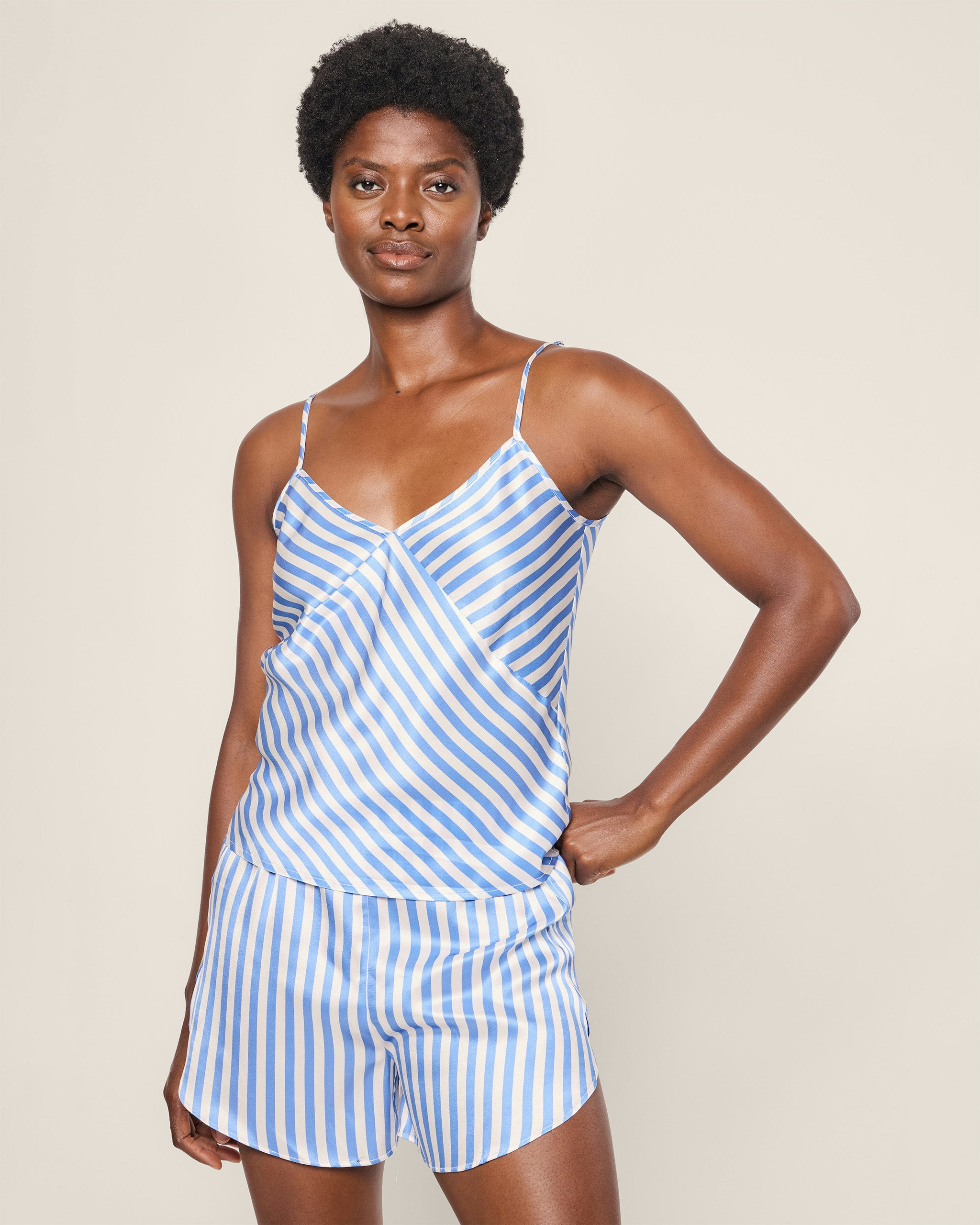 Women's Silk Cami Short Set in Azure Stripe in Azure Stripe#Color_Azure Stripe