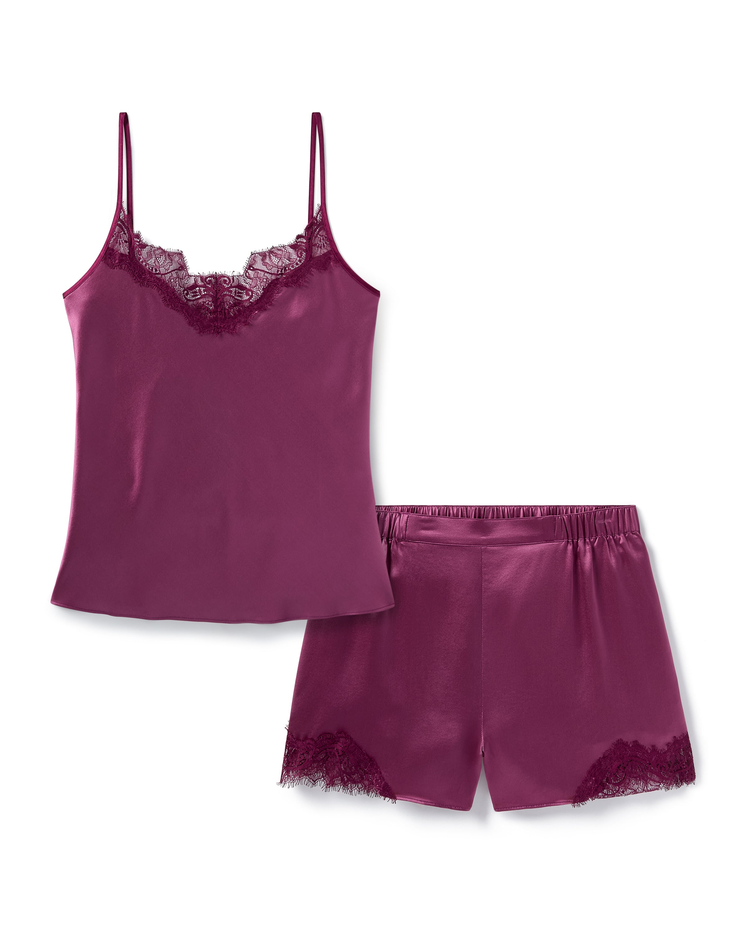 Women's Silk Pajama Set in Rosewood with Merlot Lace