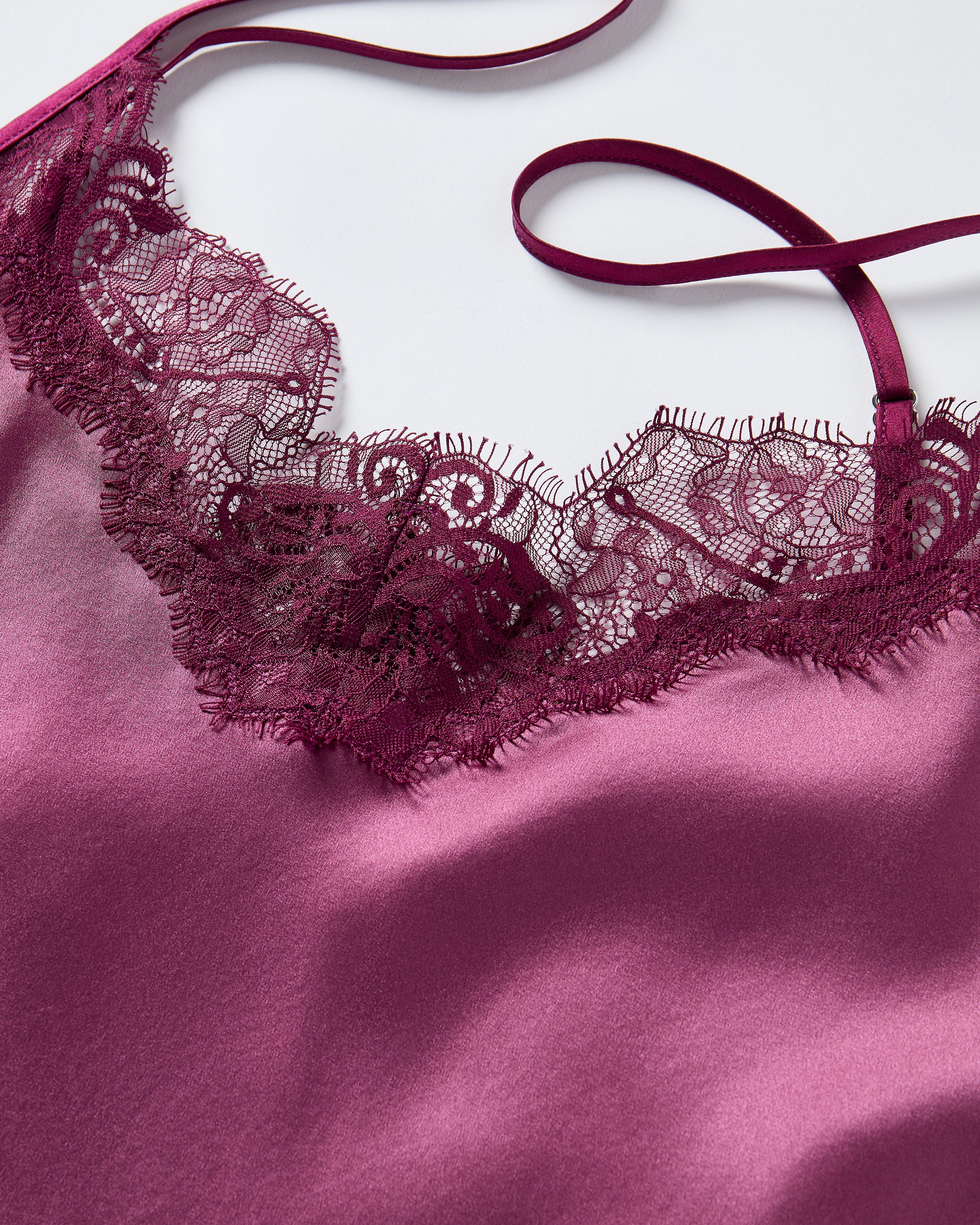 Women's Silk Pajama Set in Rosewood with Merlot Lace