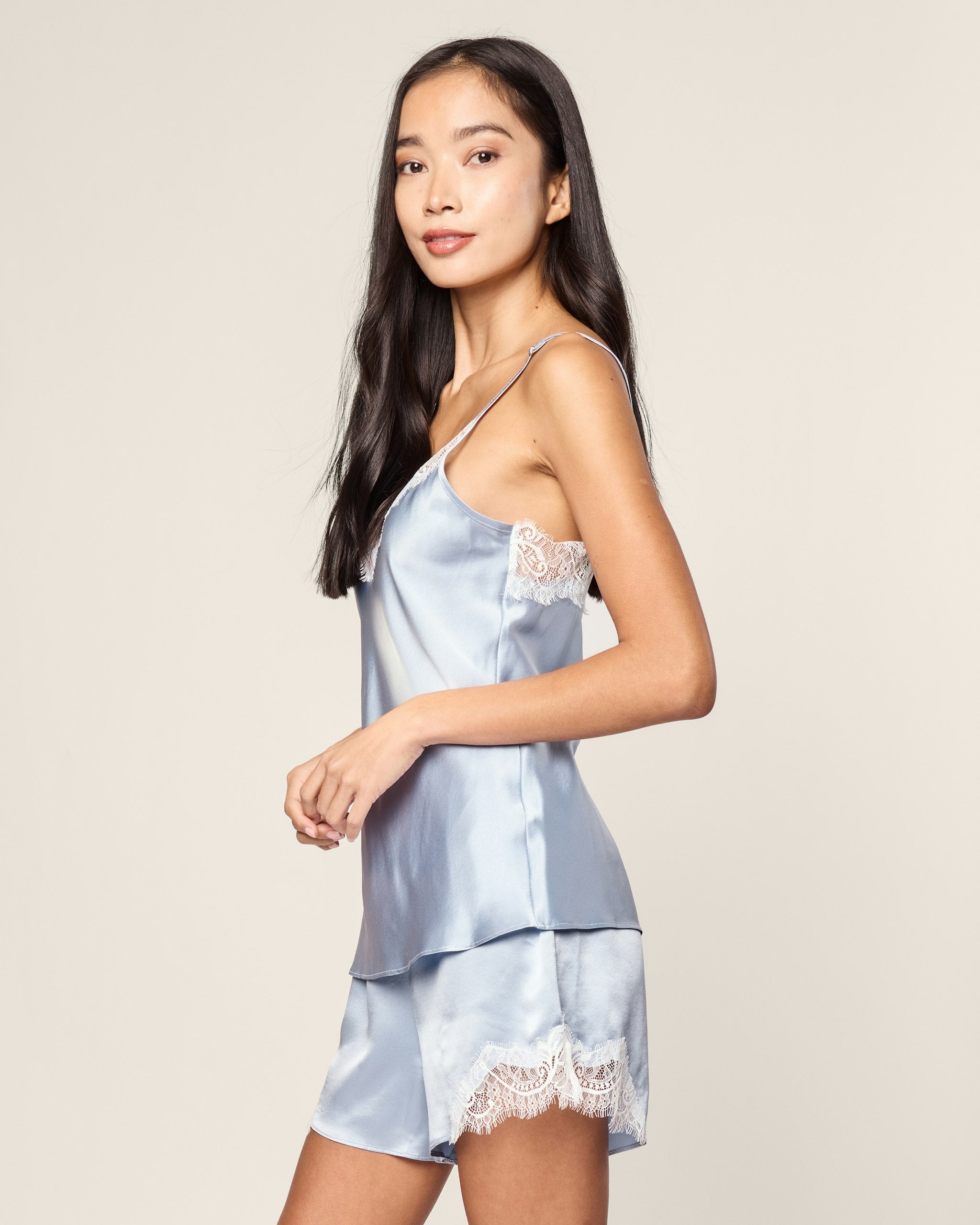 Women's Silk Lace Cami Short Set in White in Periwinkle#Color_Periwinkle