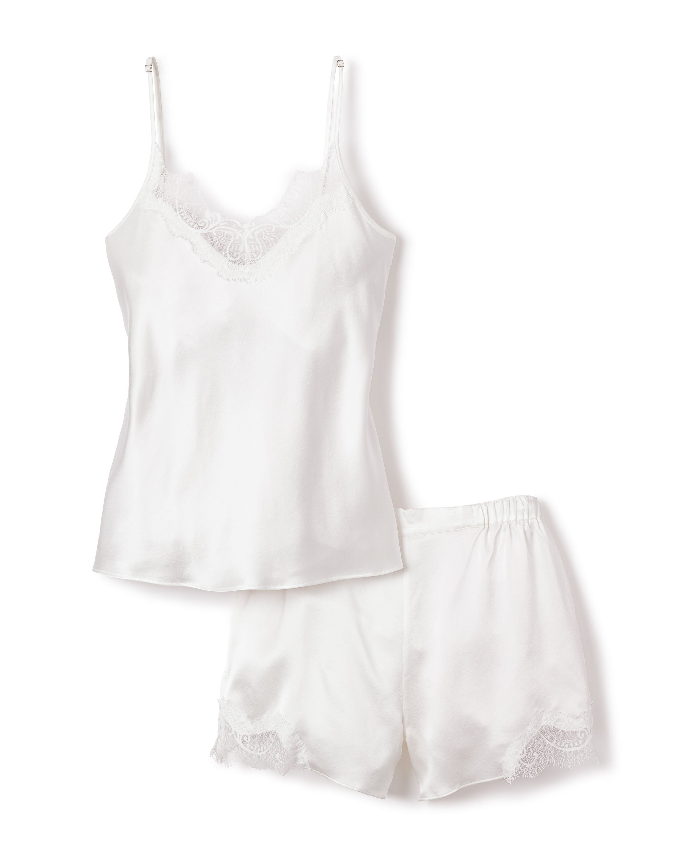 Women's Silk Lace Cami Short Set in Black in White#Color_White
