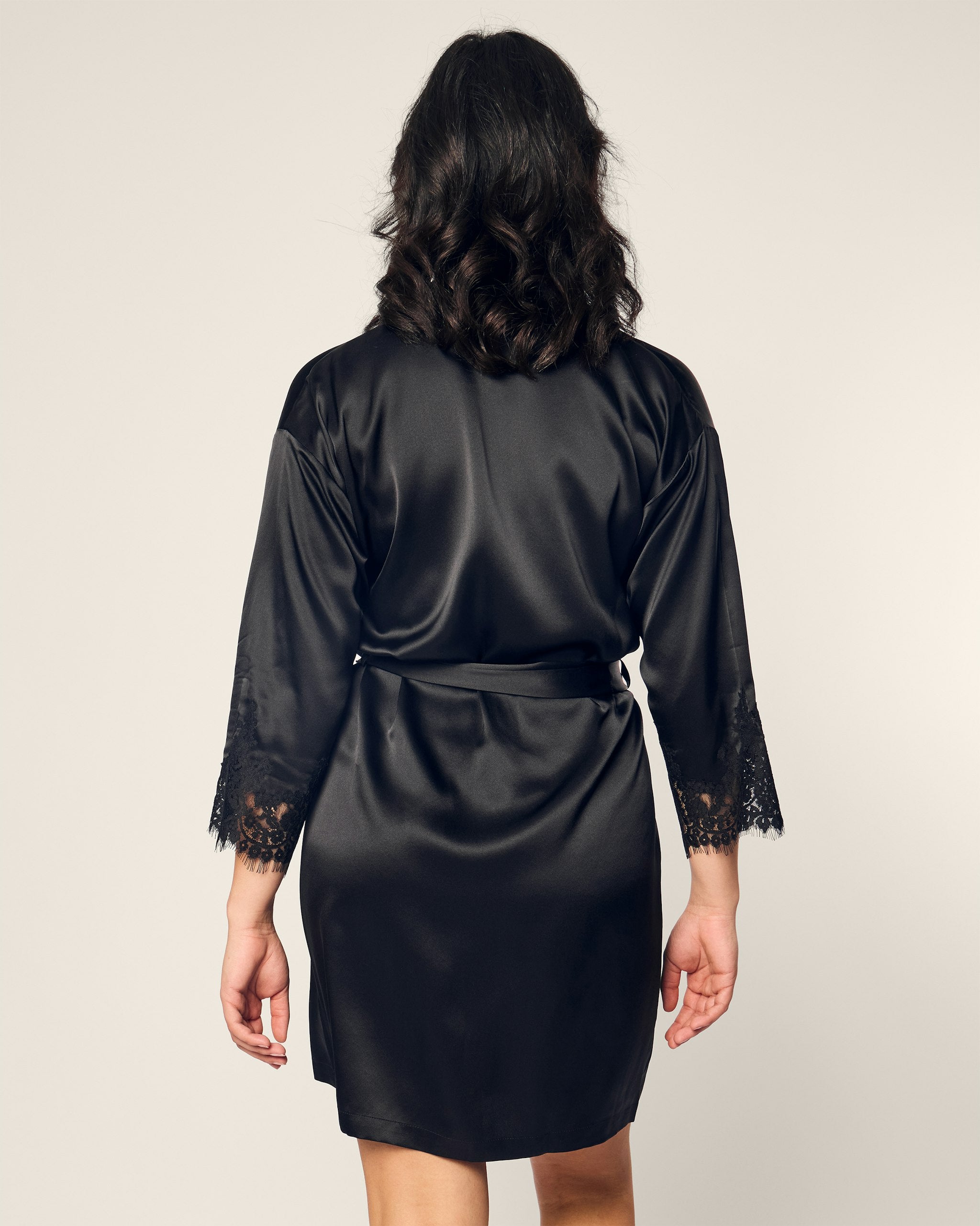 Women's Silk Lace Robe in Mystique Blue in Black#Color_Black
