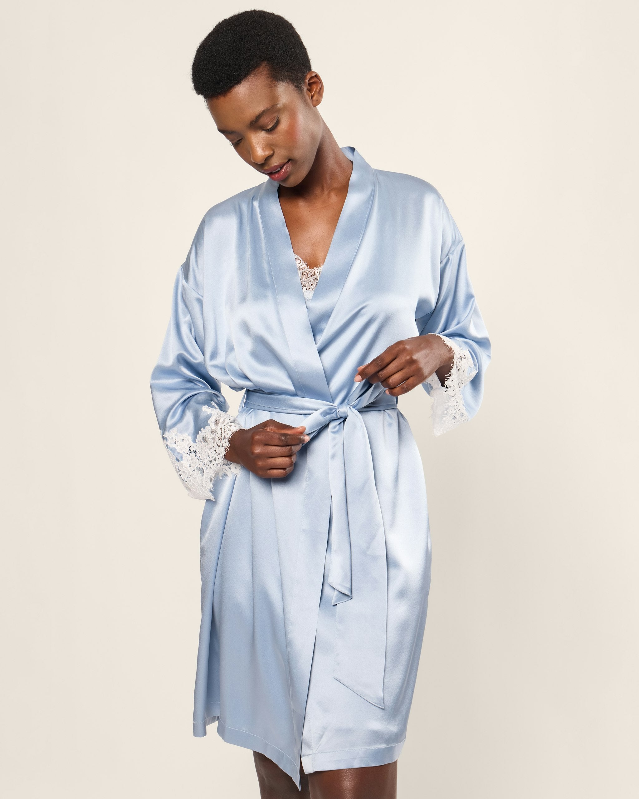 Women's Silk Lace Robe in Mystique Blue in Periwinkle#Color_Periwinkle