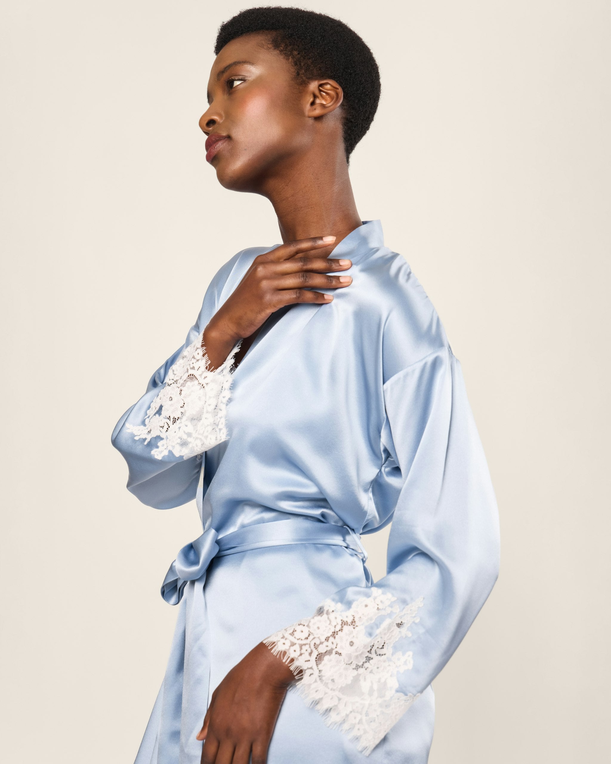 Women's Silk Lace Robe in Mystique Blue in Periwinkle#Color_Periwinkle