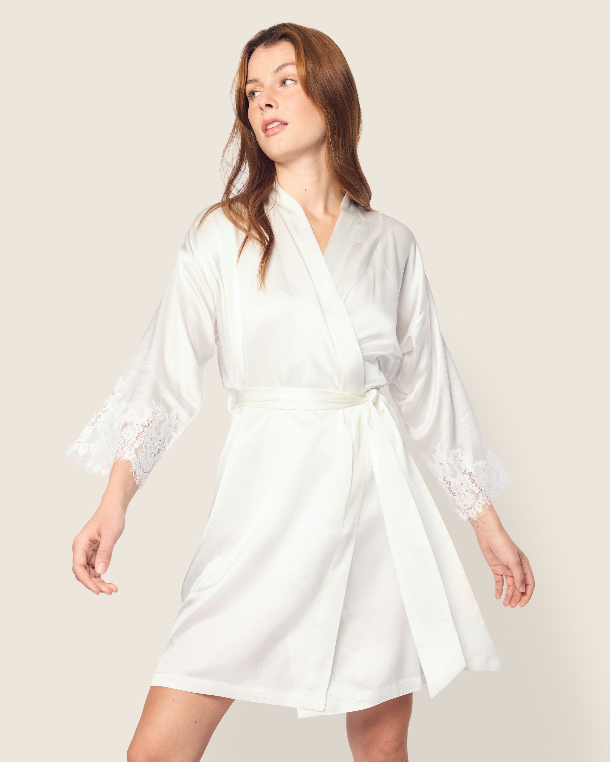 Women's Silk Lace Robe in Mystique Blue in White#Color_White