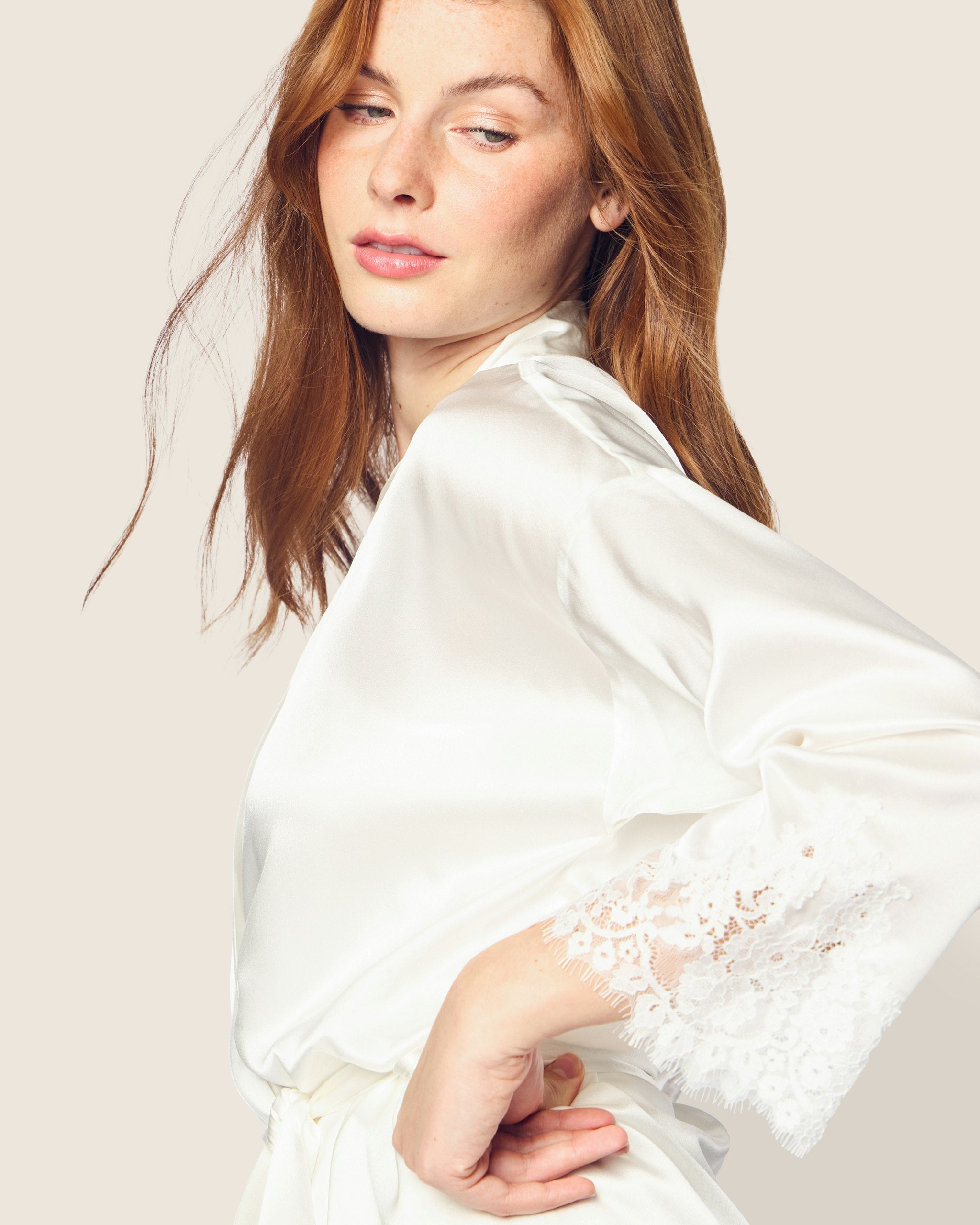 Women's Silk Lace Robe in Mystique Blue in White#Color_White