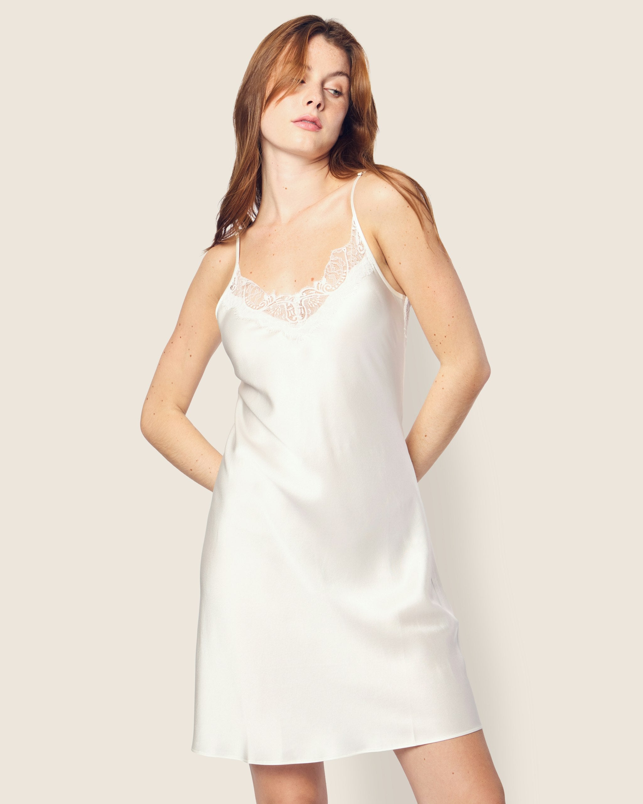 Women's Silk Lace Slip Dress in White in White#Color_White
