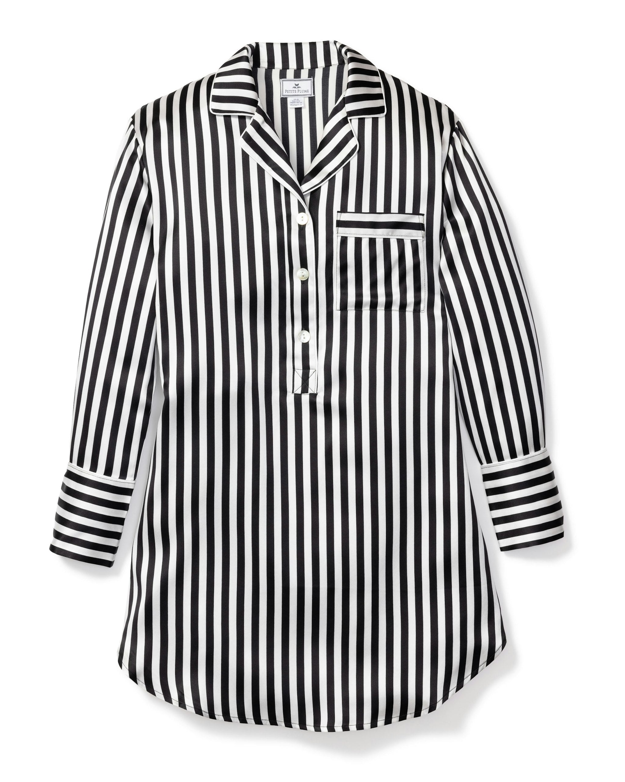 Women's Silk Nightshirt in Bengal Stripe in Black and White Bengal Stripe#Color_Black and White Bengal Stripe