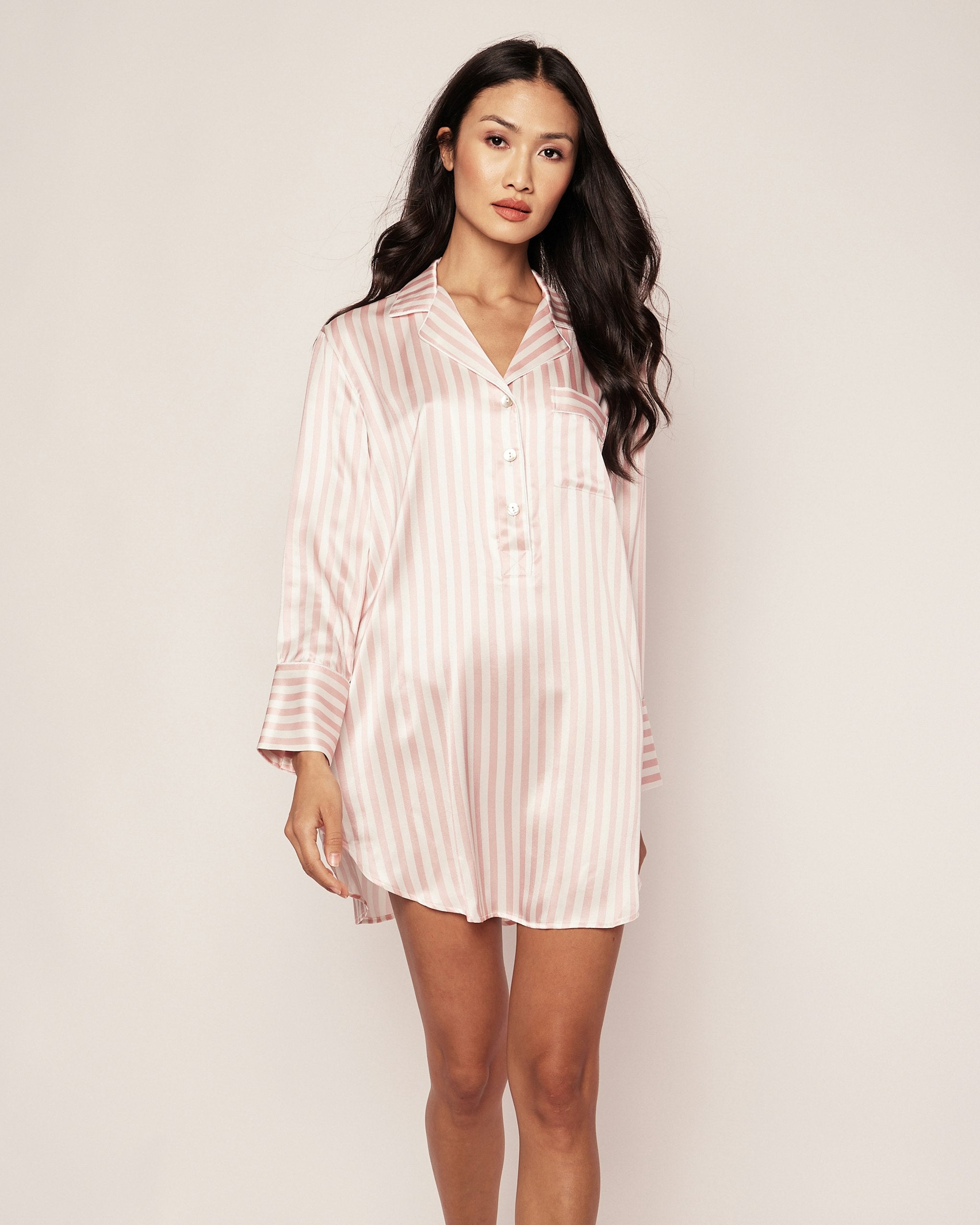 Women's Silk Nightshirt in Pink Stripe in Pink Stripe#Color_Pink Stripe