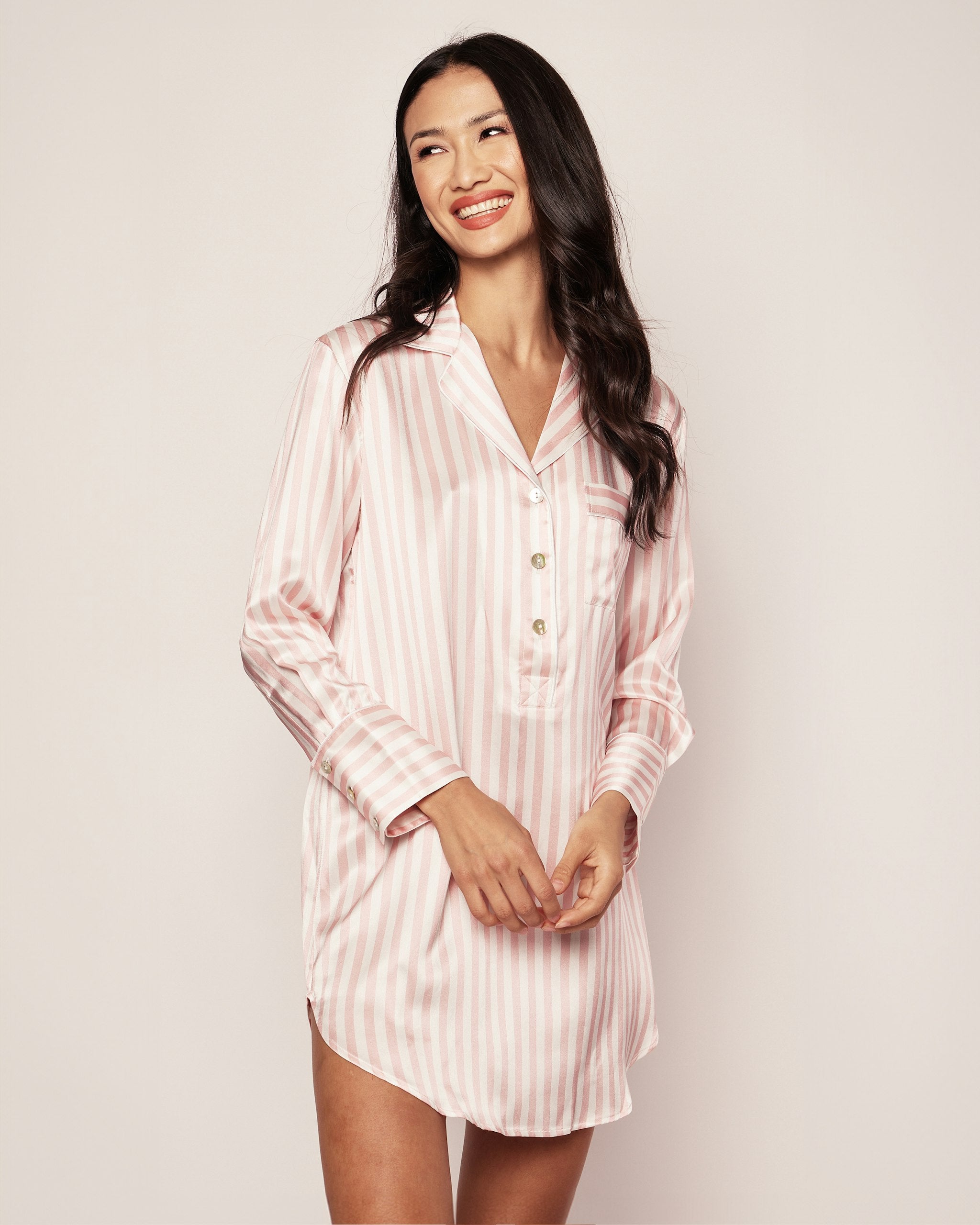 Women's Silk Nightshirt in Pink Stripe in Pink Stripe#Color_Pink Stripe