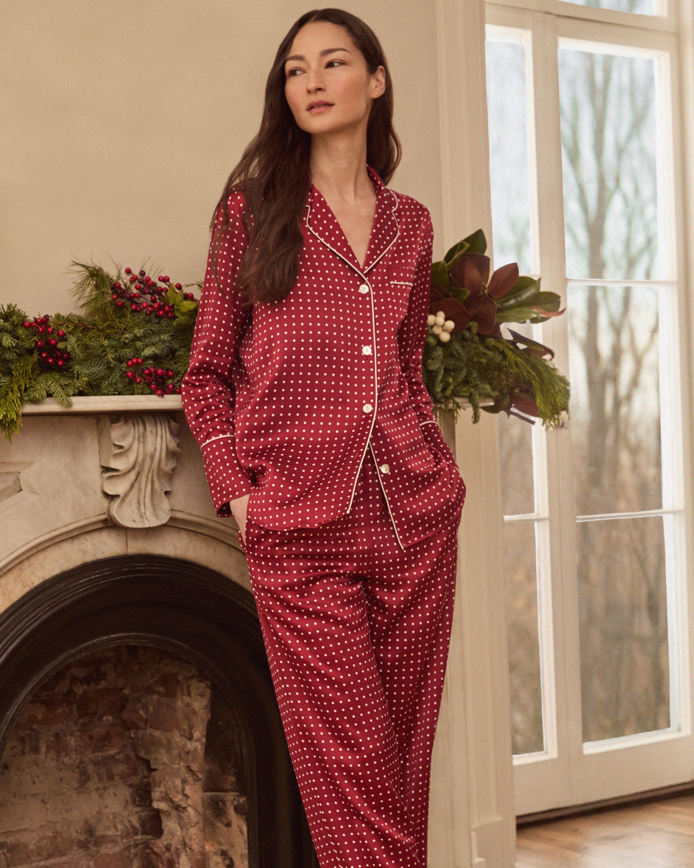 Women's Silk Pajama Set in Bordeaux Polka Dot