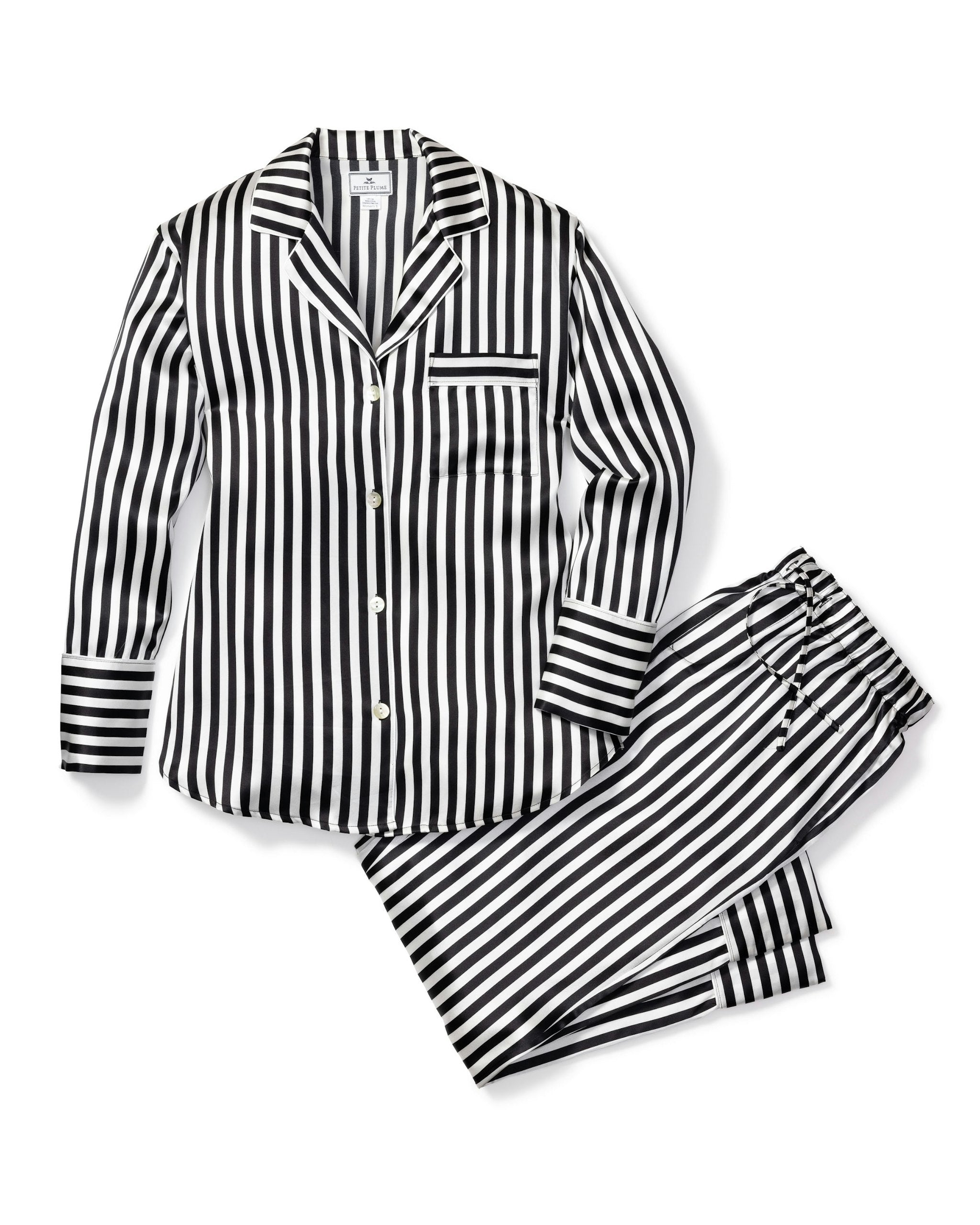 Women's Silk Pajama Set in Pink Stripe in Black and White Bengal Stripe#Color_Black and White Bengal Stripe