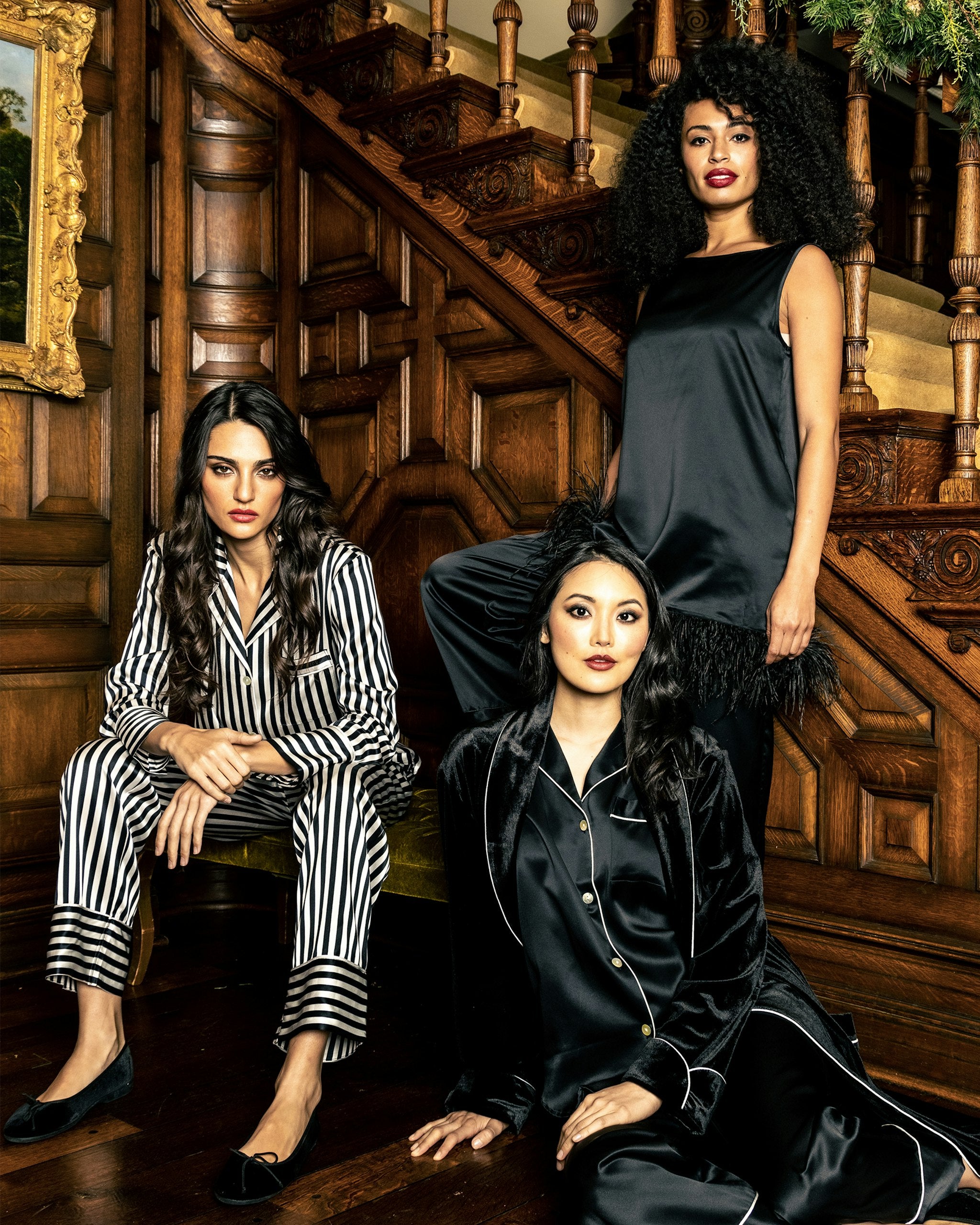 Women's Silk Pajama Set in Pink Stripe in Black and White Bengal Stripe#Color_Black and White Bengal Stripe