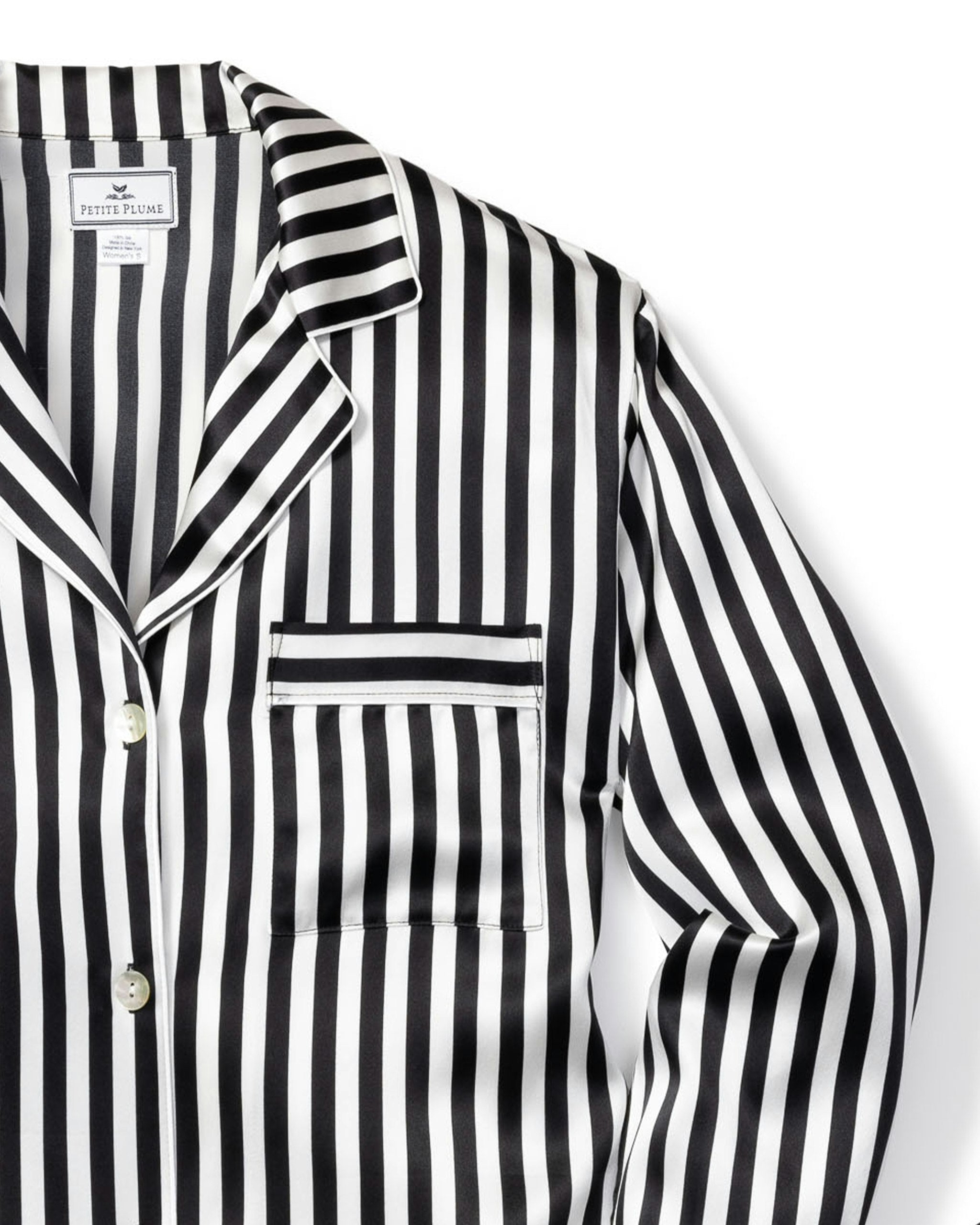 Women's Silk Pajama Set in Pink Stripe in Black and White Bengal Stripe#Color_Black and White Bengal Stripe