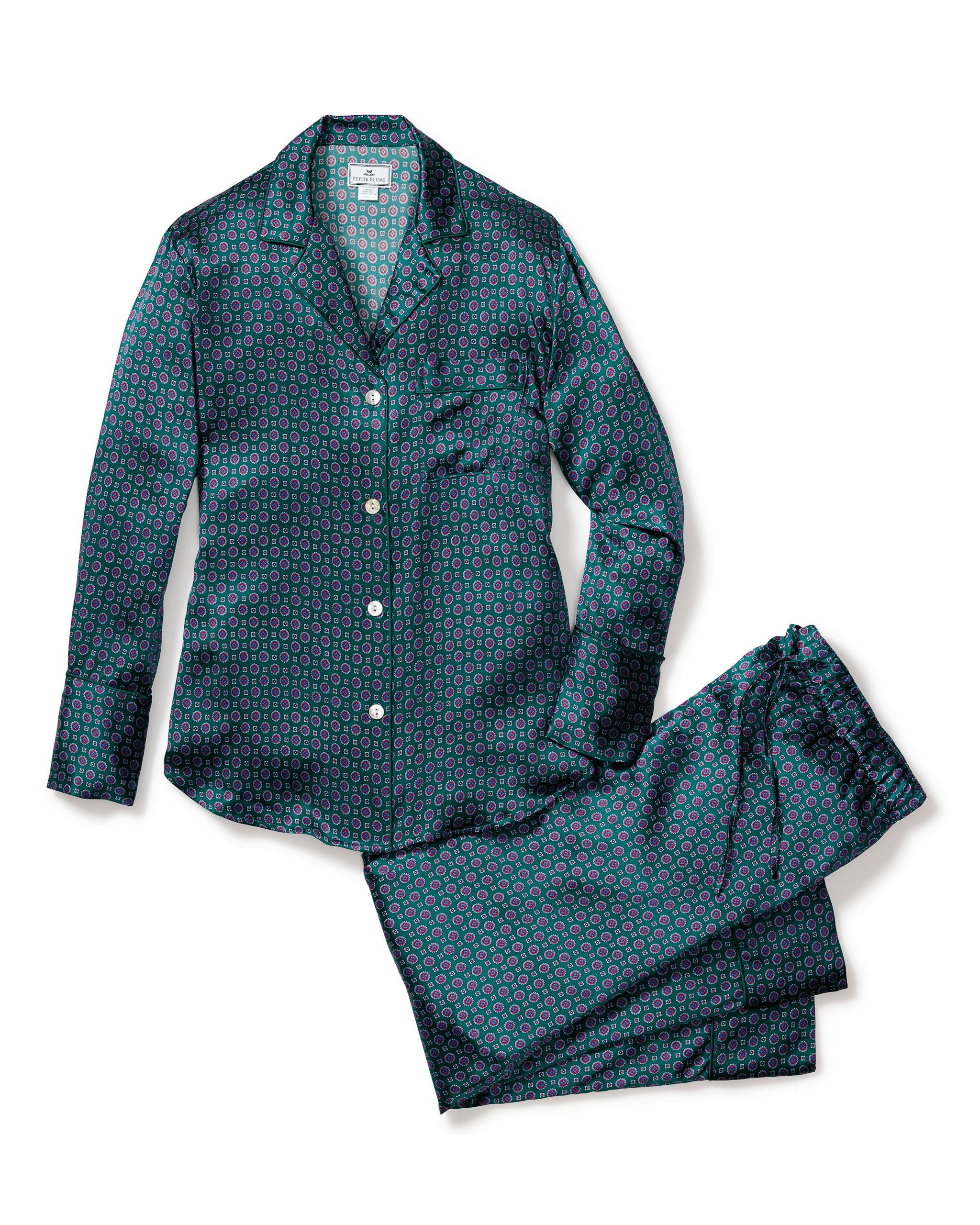 Women's Silk Pajama Set in Midnight Foulard in Emerald Foulard#Color_Emerald Foulard