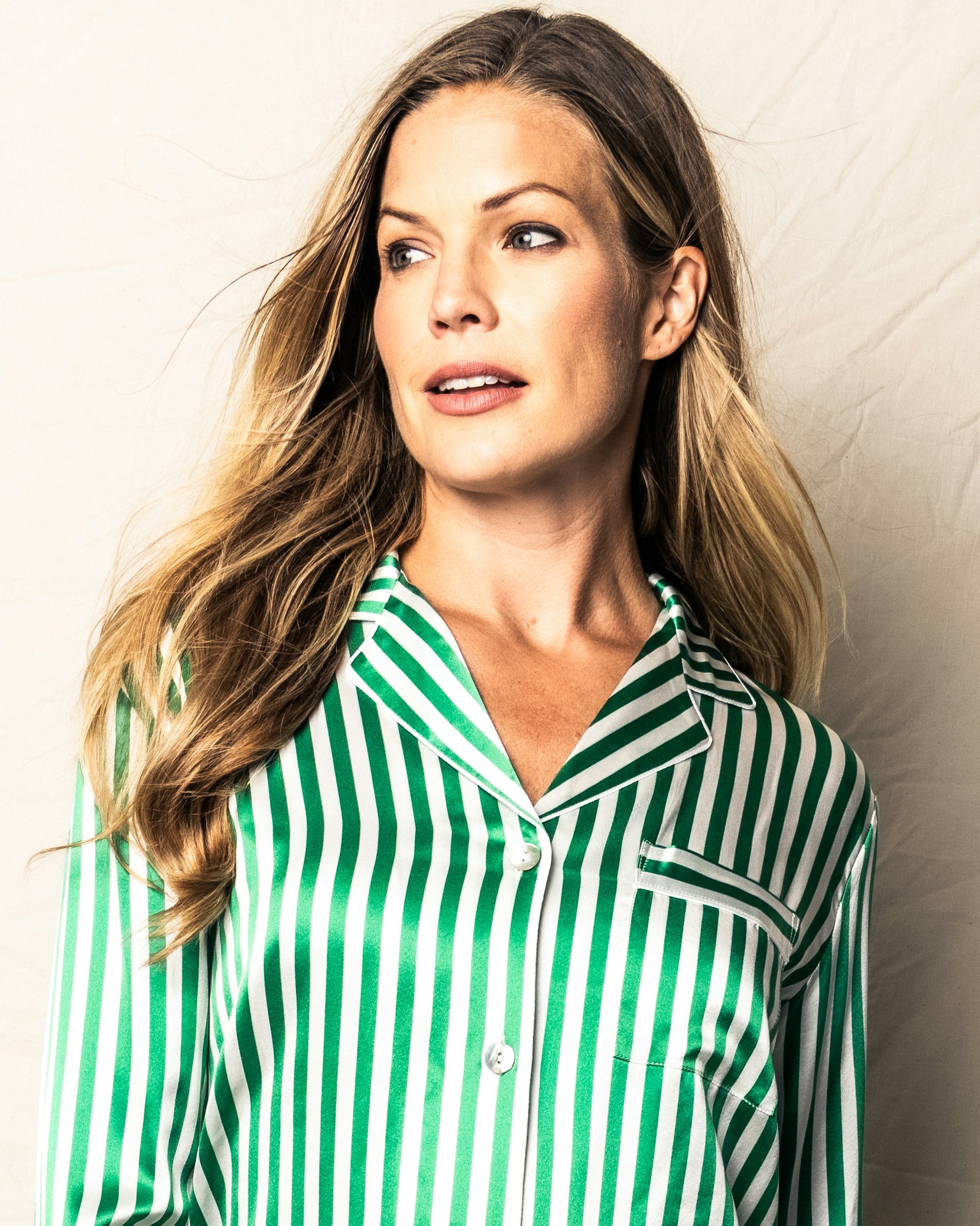 Women's Silk Pajama Set in Green Stripe in Green Stripe#Color_Green Stripe