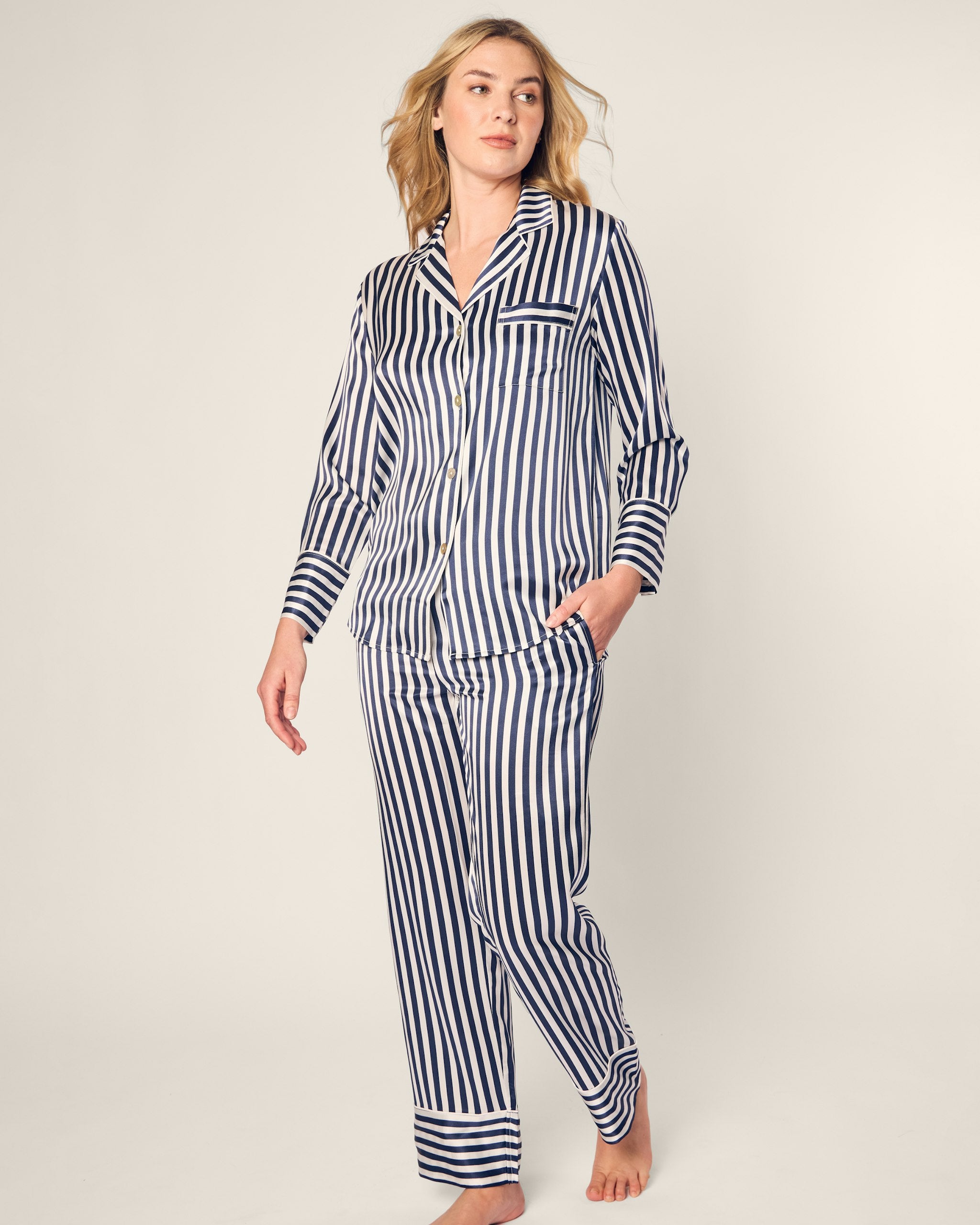 Women's Silk Pajama Set in Navy Bengal Stripe in Navy Bengal Stripe#Color_Navy Bengal Stripe