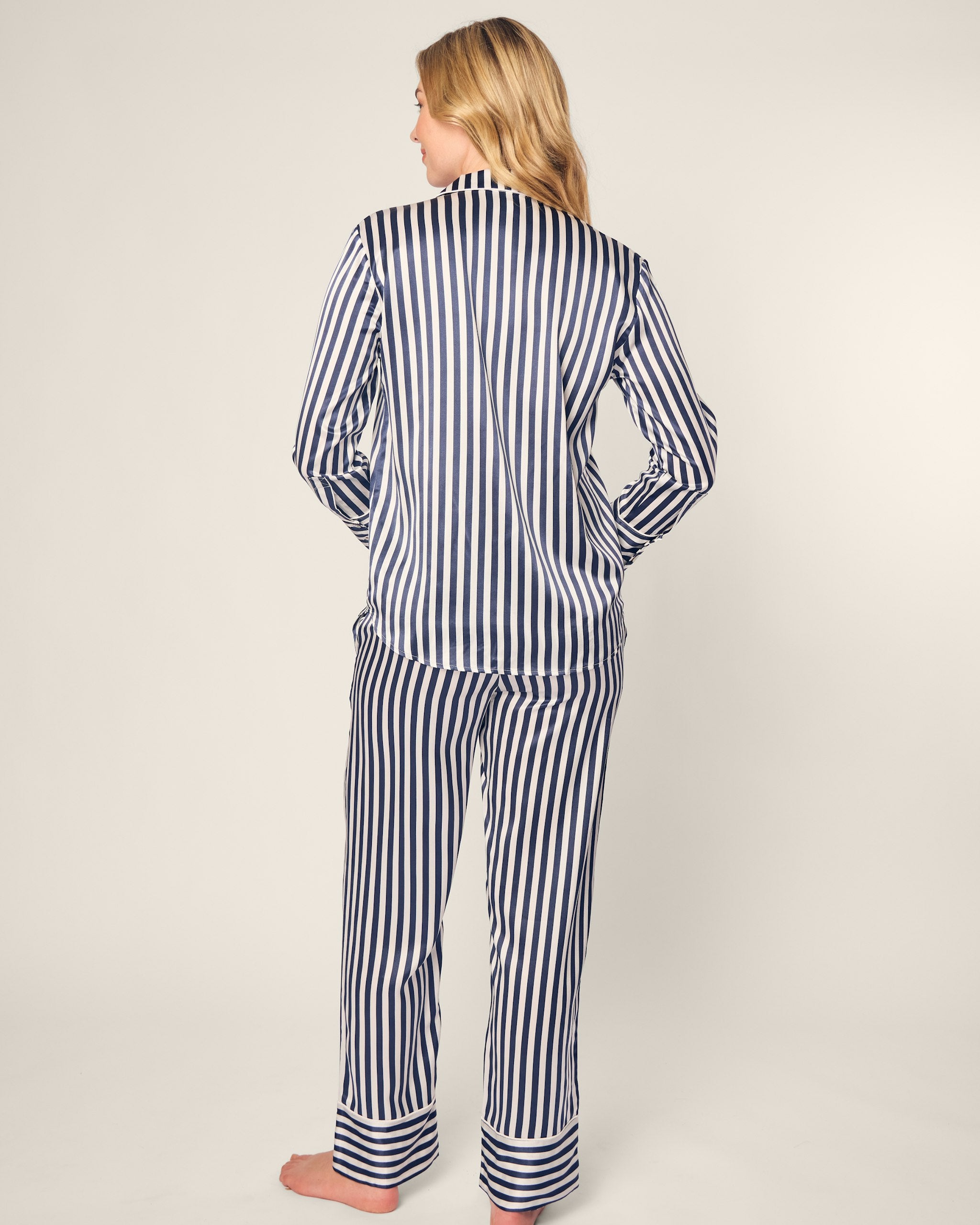 Women's Silk Pajama Set in Pink Stripe in Navy Bengal Stripe#Color_Navy Bengal Stripe