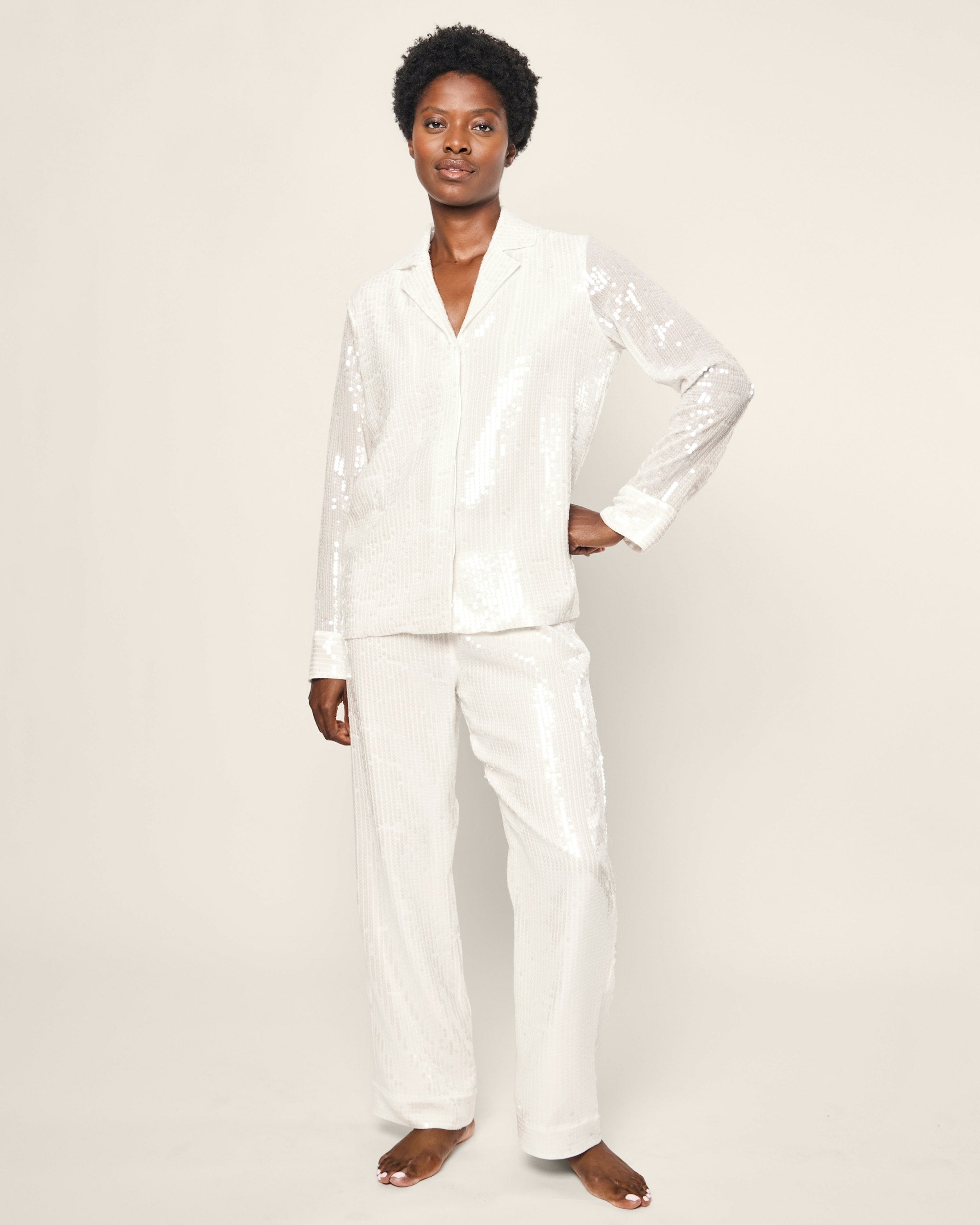 Women's Pajama Set in Black Sequins in White#Color_White