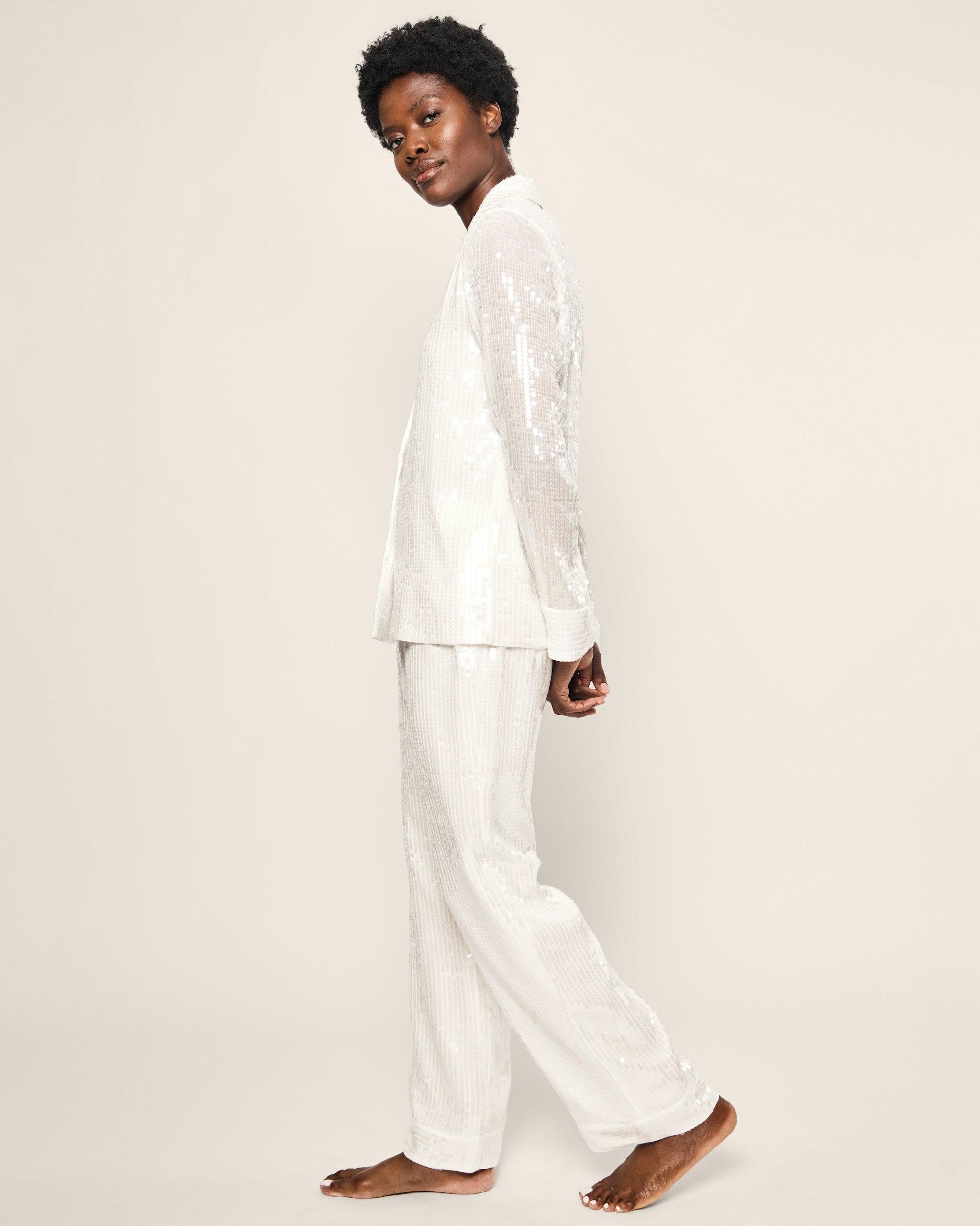 Women's Pajama Set in Black Sequins in White#Color_White