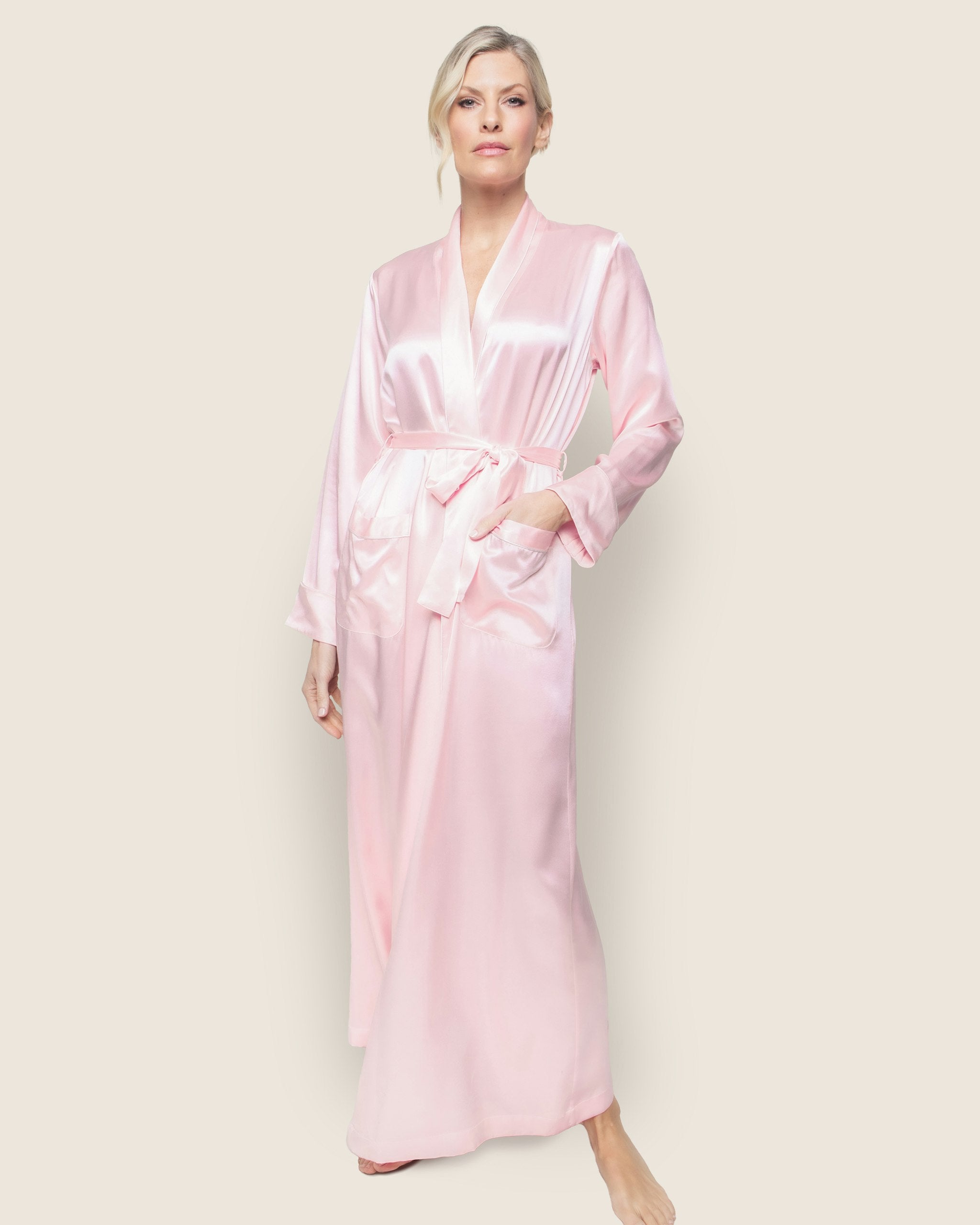 Women's Silk Long Robe in Navy in Pink#Color_Pink