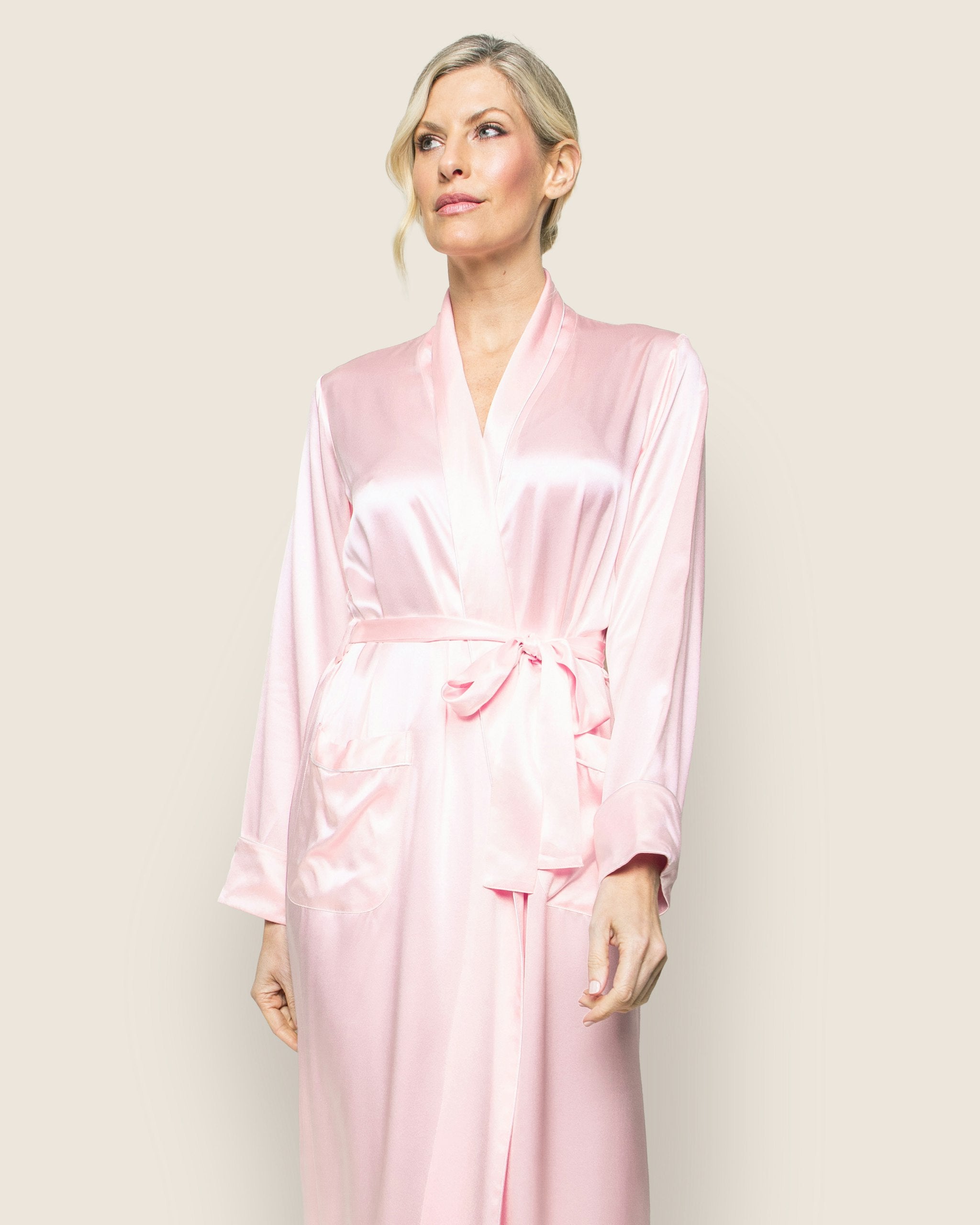 Women's Silk Long Robe in Navy in Pink#Color_Pink