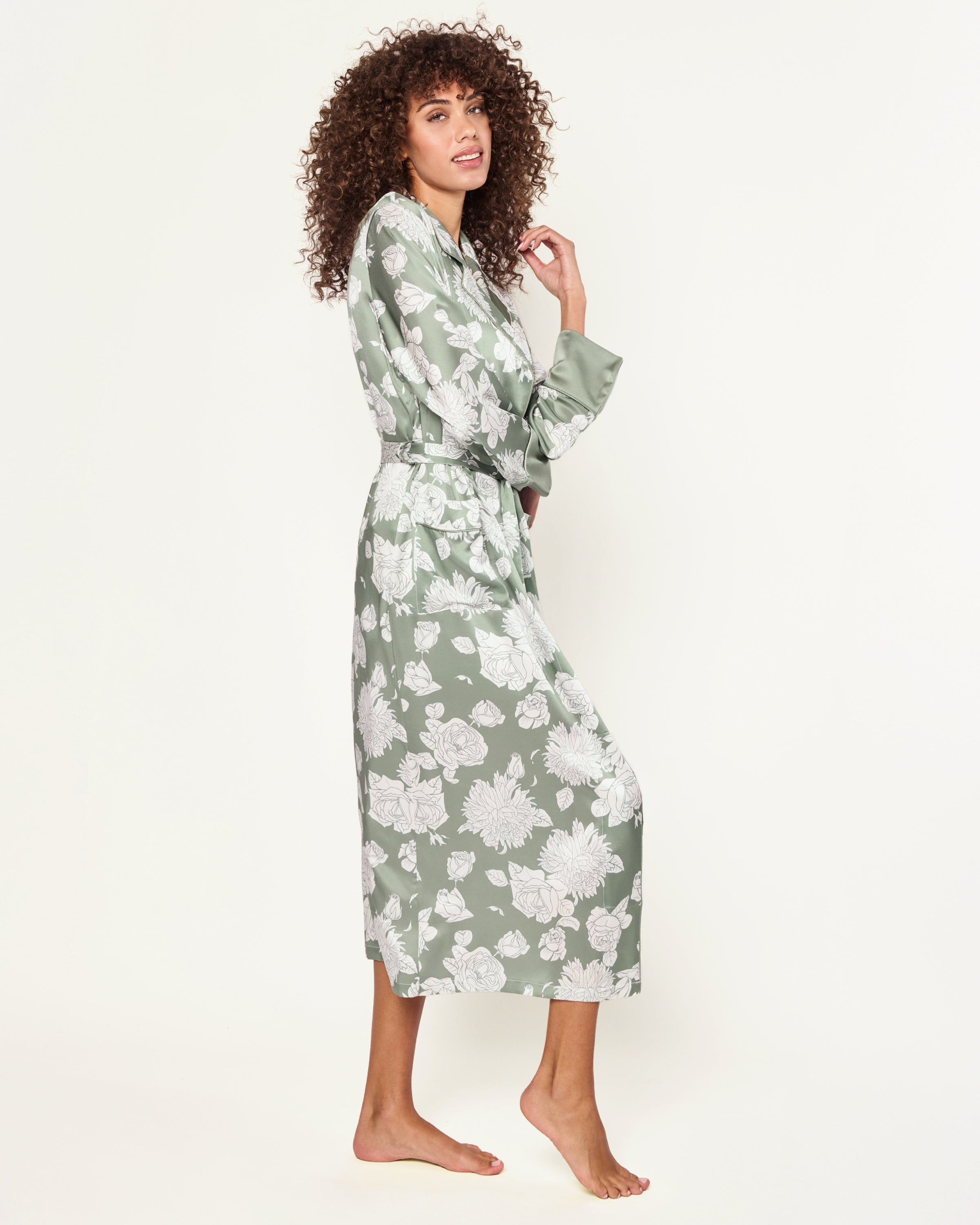 Women's Silk Robe in Sage Bloom