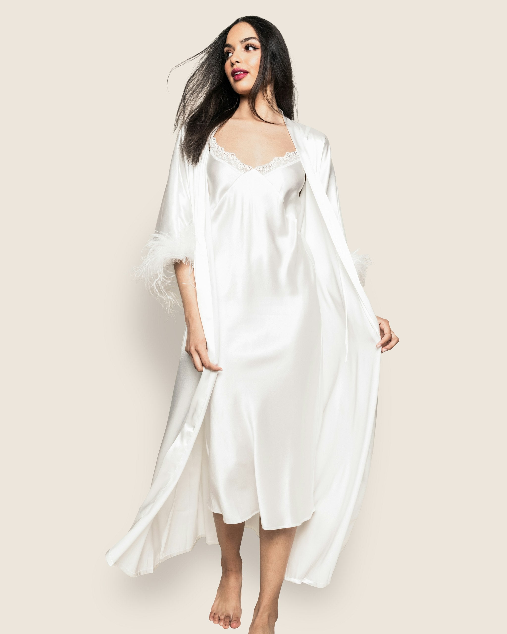 Women's Silk Cosette Nightgown With Lace in White in White#Color_White