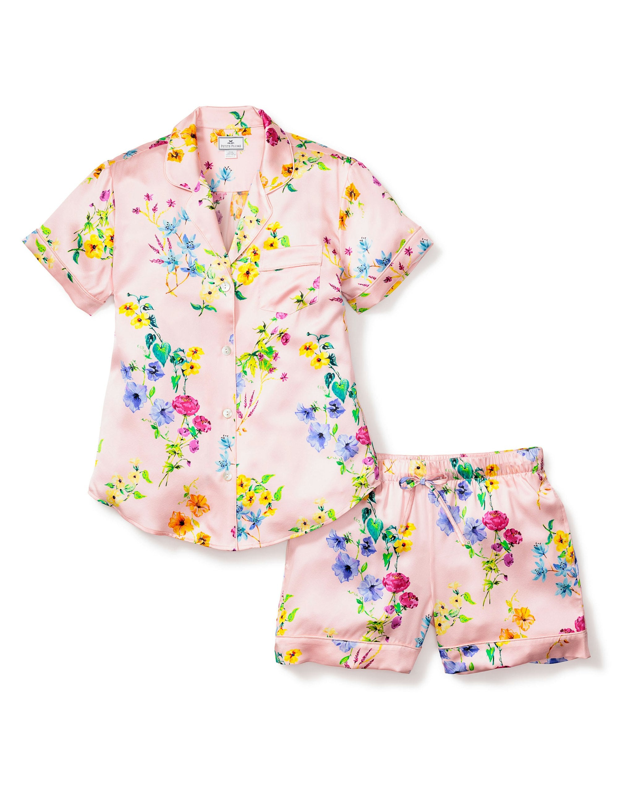 Women's Silk Pajama Short Set in Azure Brilliant Botanical in Blush#Color_Blush