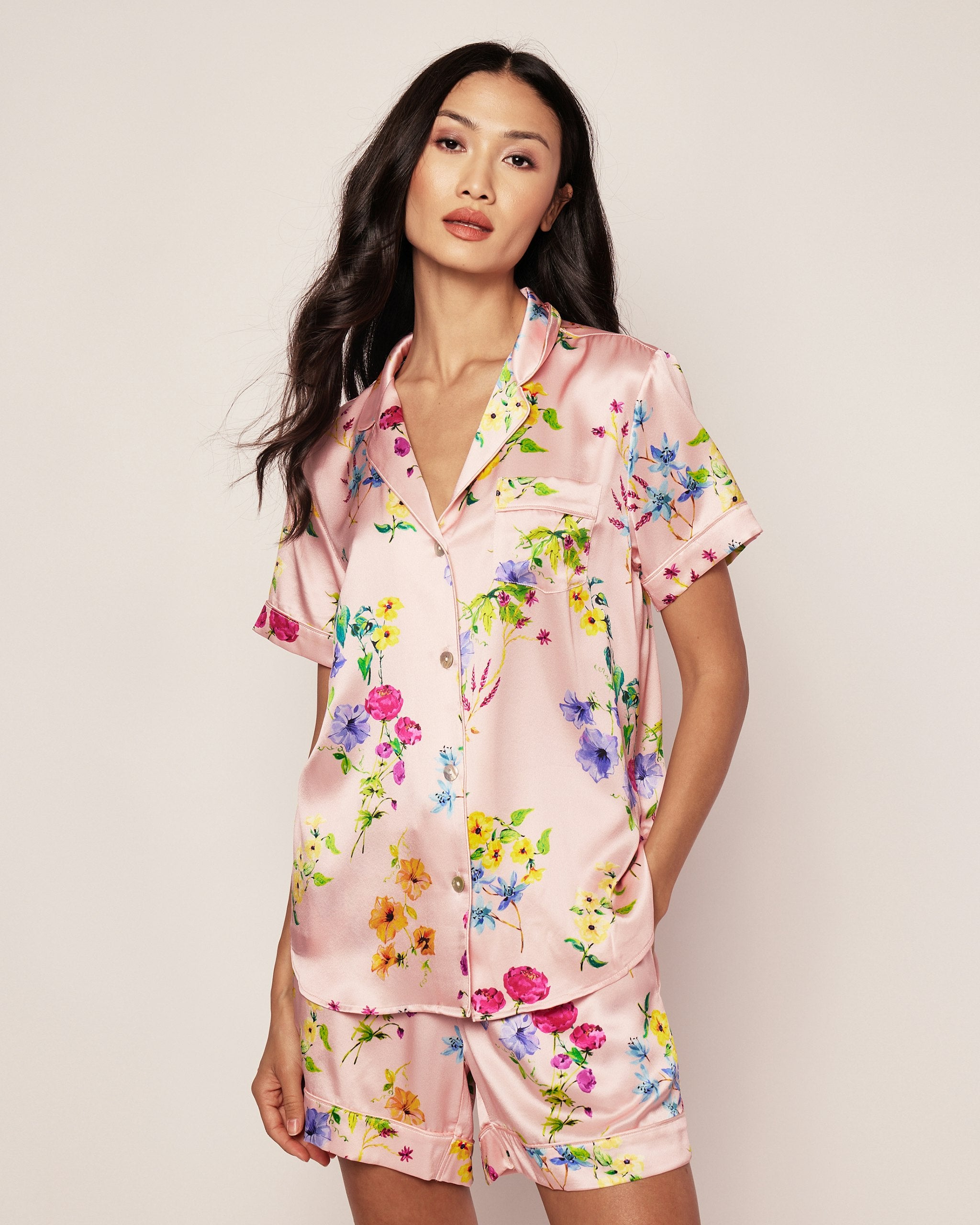 Women's Silk Pajama Short Set in Azure Brilliant Botanical in Blush#Color_Blush